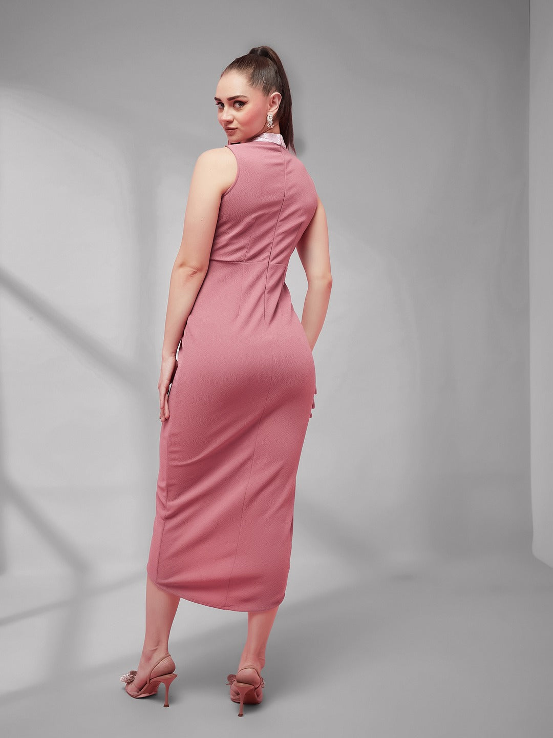 Dusty Pink Halter-Neck Sleeveless Self Designed Draped Polyester Midi Dress for Women