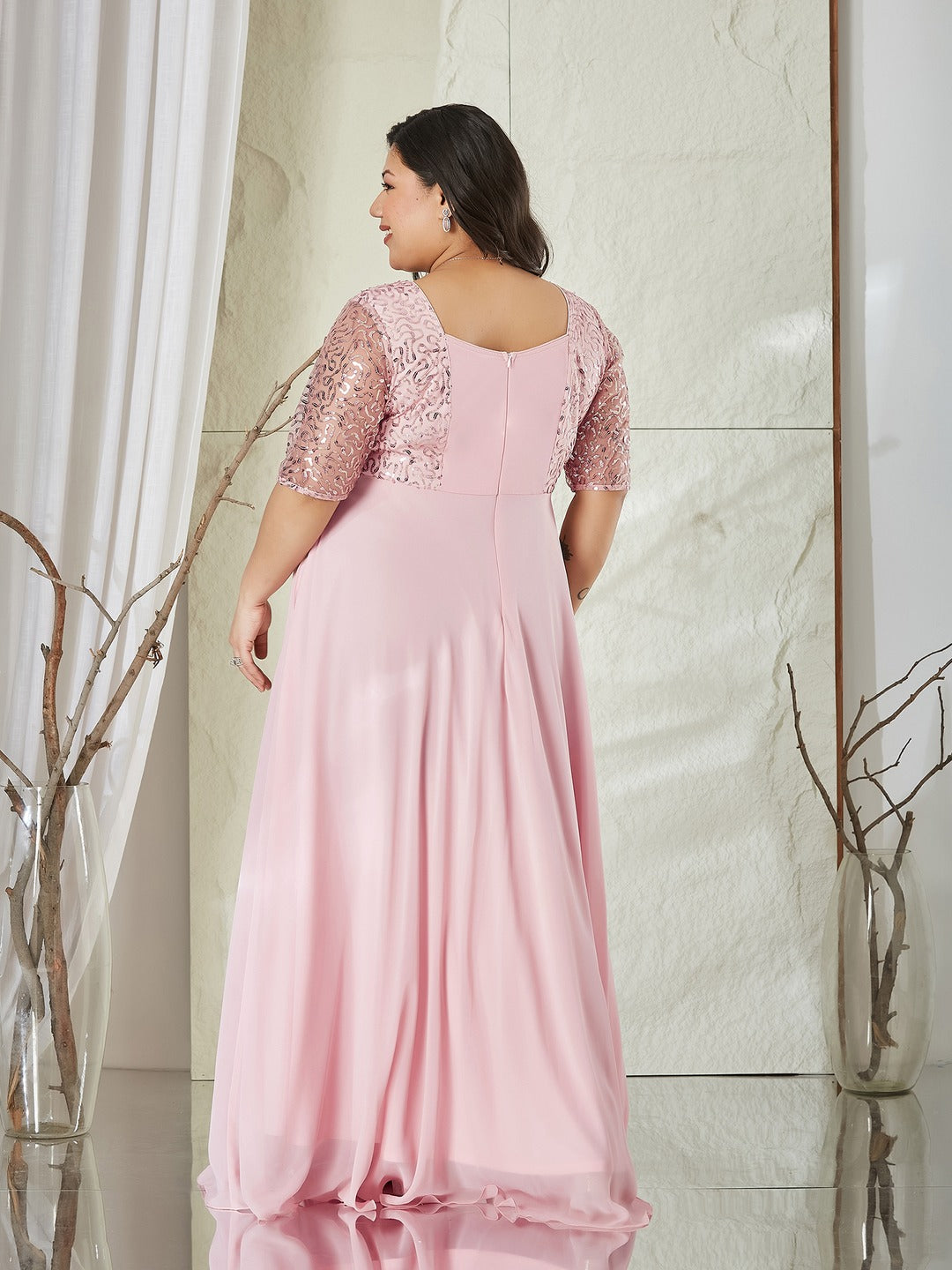 Dusty Pink Square Neck Half Sleeve Solid Embellished Maxi Dress for Women