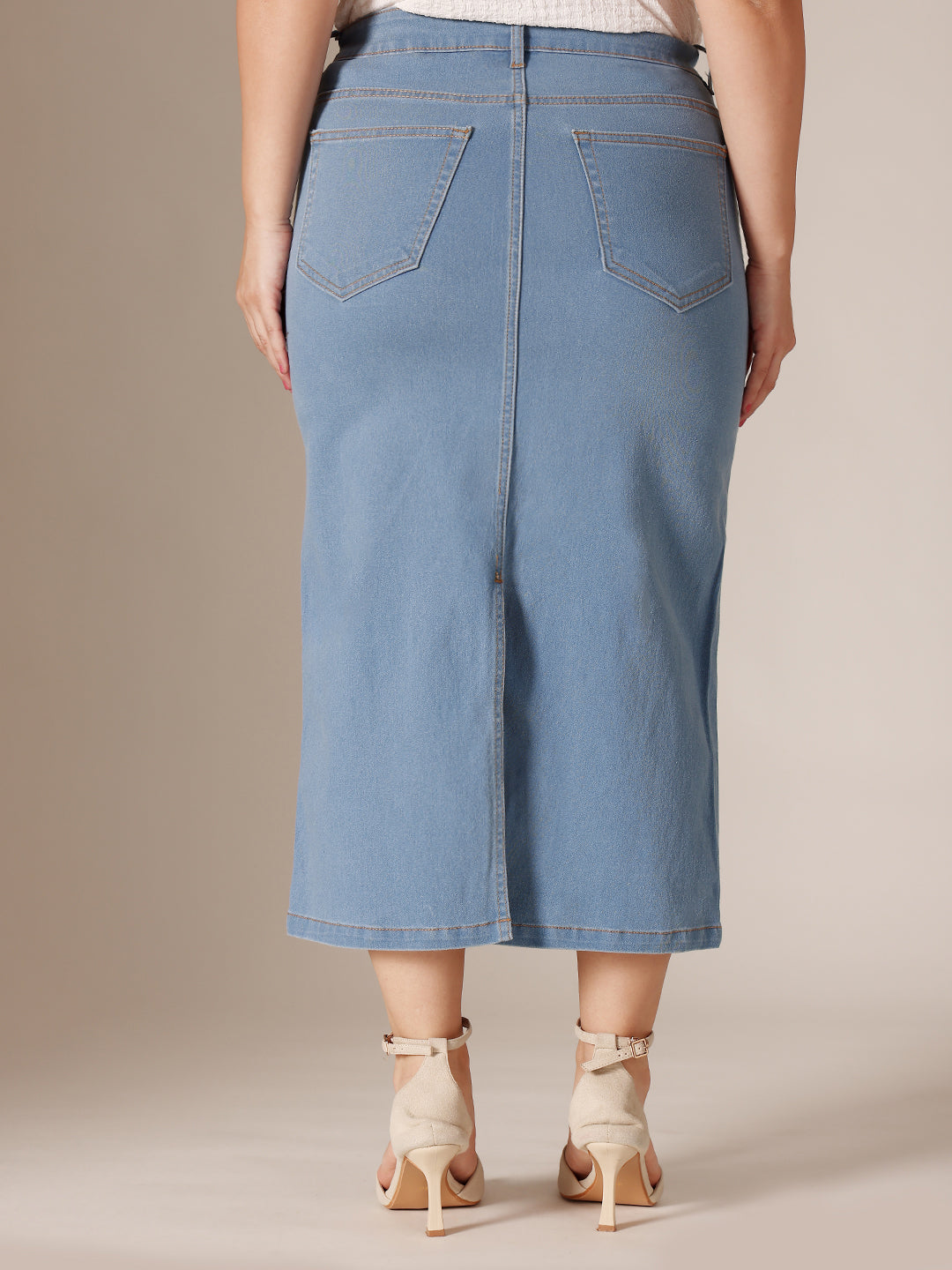Light-Blue Straight-Fit High-Rise Midi Stretchable Denim Skirt for Women