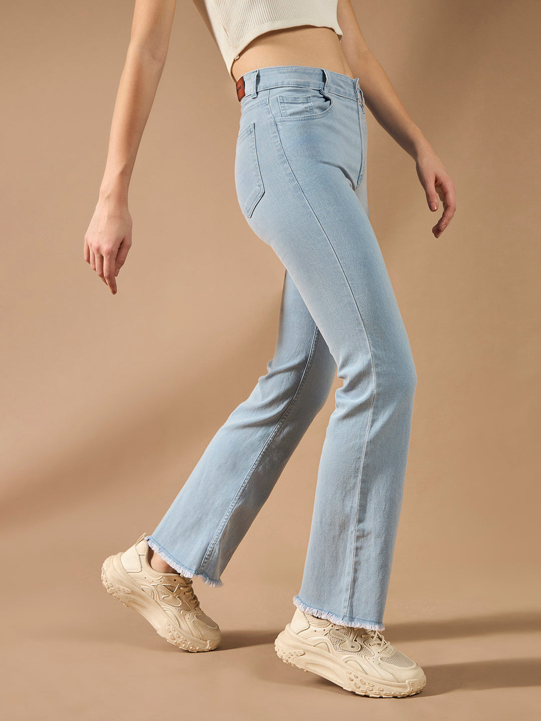 Women's Light Blue Boot Cut High rise Clean Look Cropped Stretchable Denim Jeans