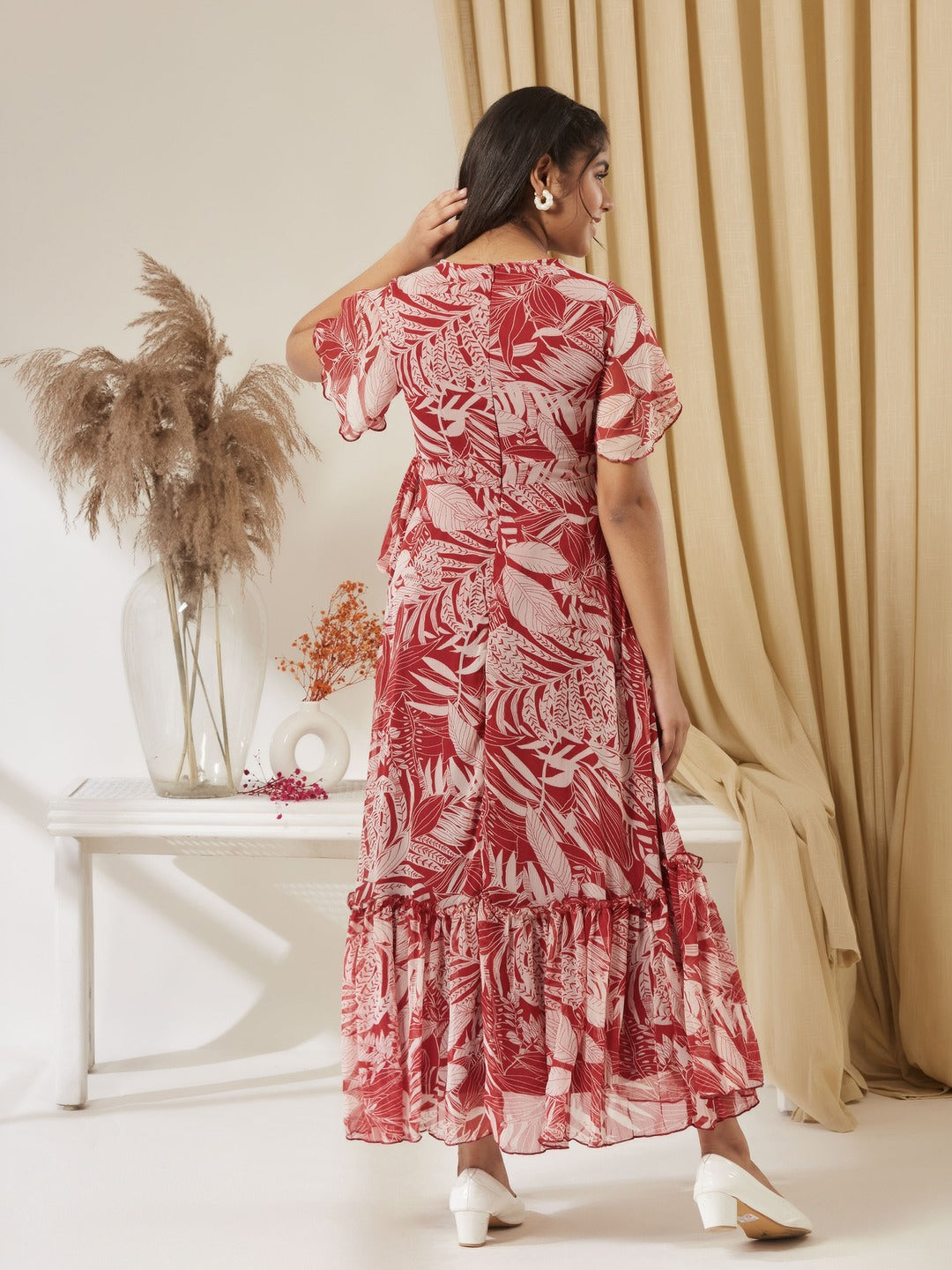 Maroon V Neck Flared Sleeve Floral Wrap Maxi Dress for Girls/Teenagers