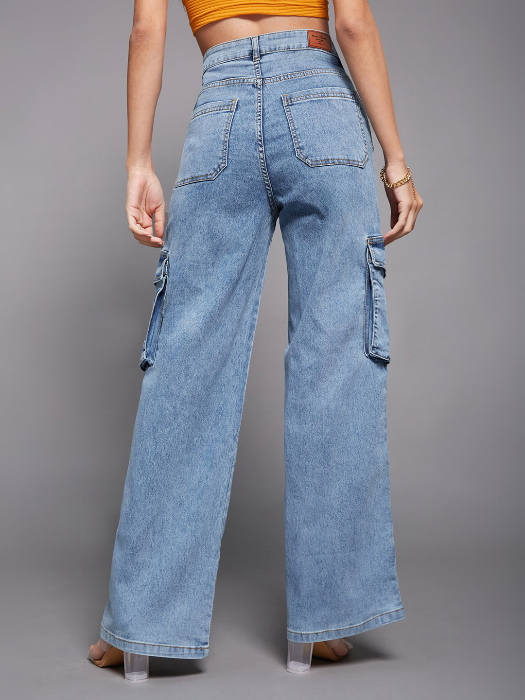 Women's Blue Wide-Leg High-Rise Clean-Look Regular-Length Stretchable Patch-Pocketed Denim Jeans