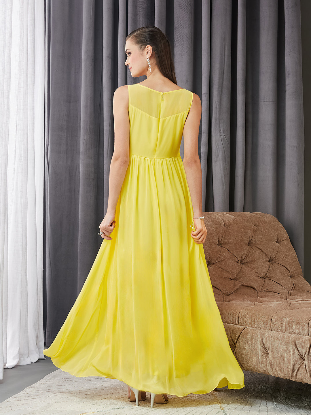 Women's Light Yellow Boat Neck Sleeveless Embroidered Georgette Gathered Maxi Dress