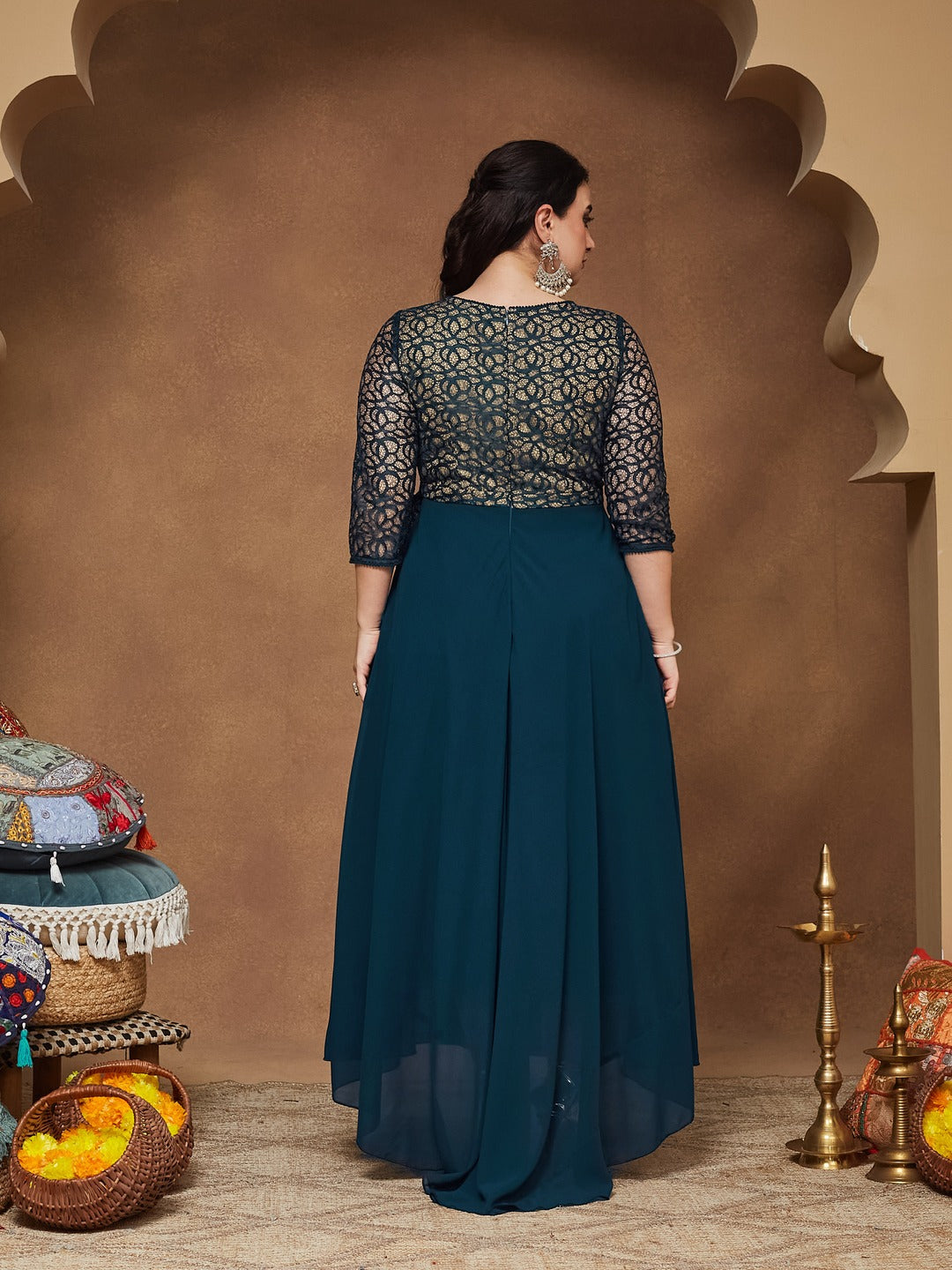 Teal Floral Printed Relaxed Fit V-Neck 3/4th Sleeve Maxi Dress  for Women — Miss Chase A+