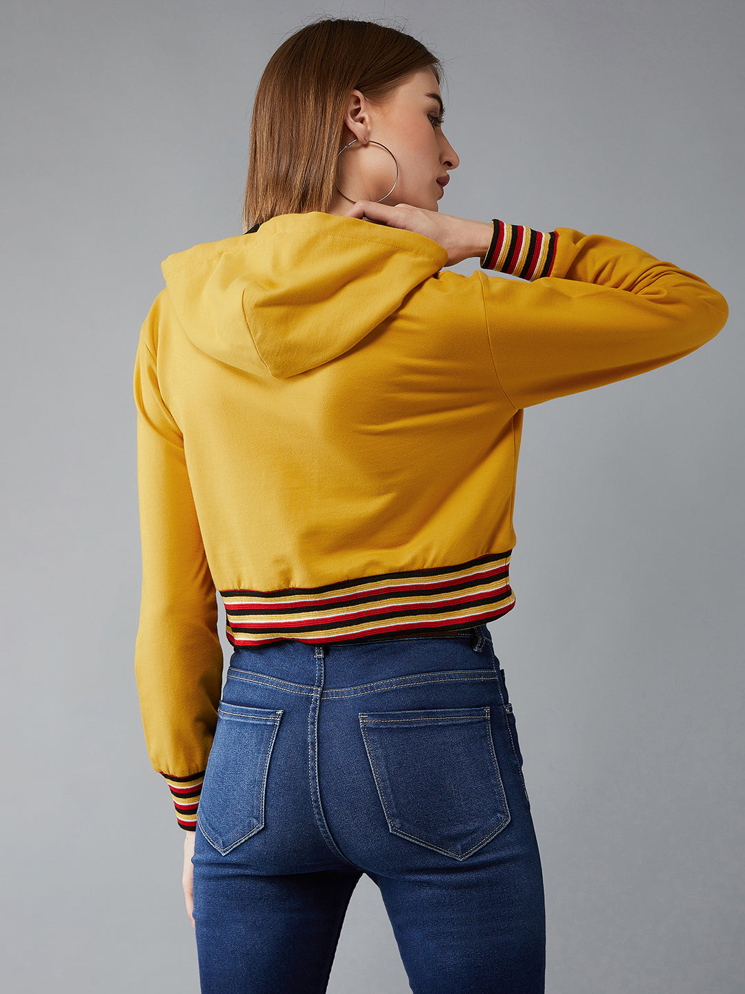 Women's Mustard Yellow Hooded Full Sleeves Loopknit, Rib Solid Boxy Cropped Eyelet Detailing Sweatshirt