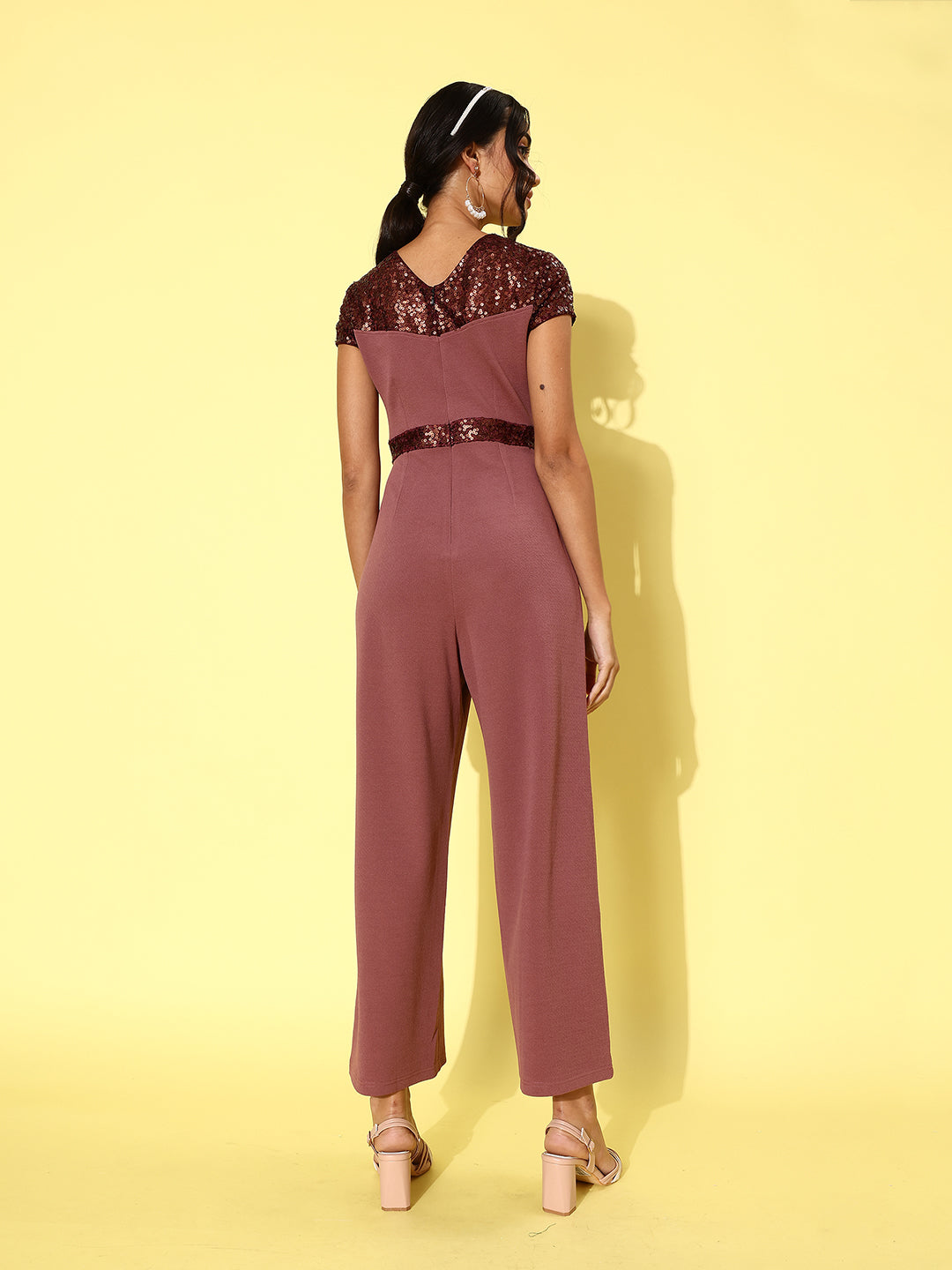 Crease Ease Women's Mauve & Wine Round Neck Short Sleeve Embellished Regular Jumpsuit