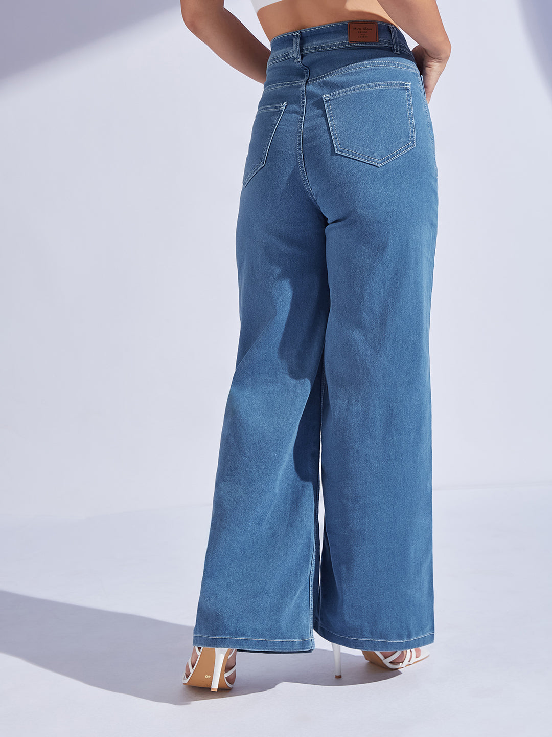Women's Blue Wide-Leg High-Rise Regular-Length Stretchable Denim Jeans