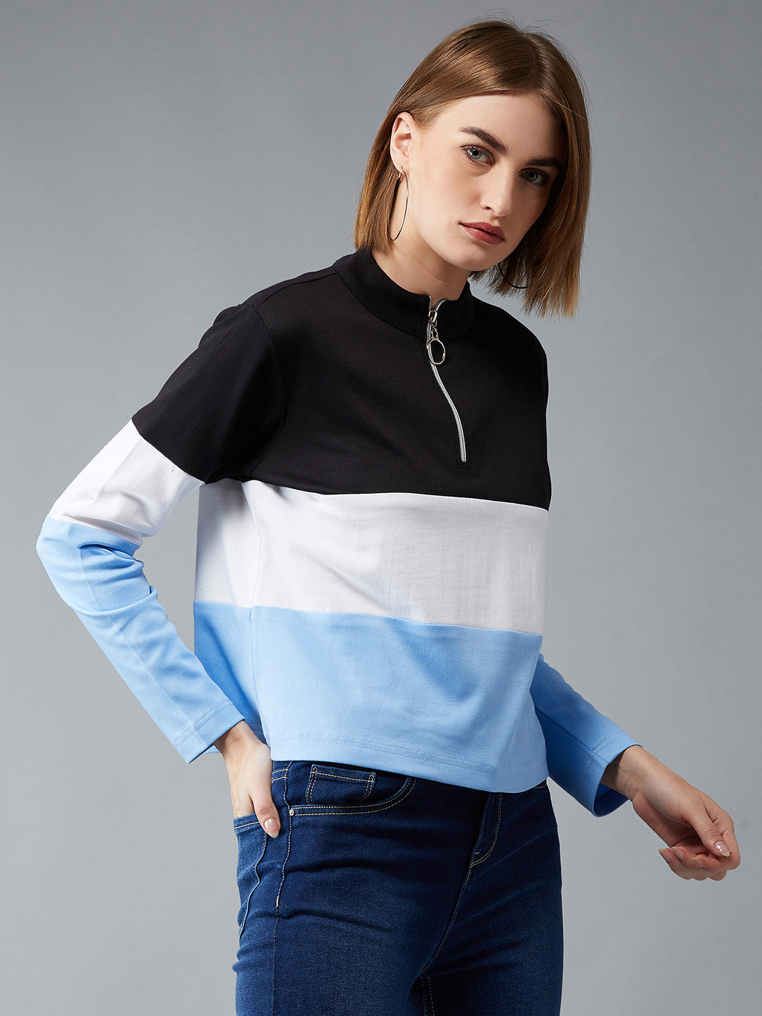 Women's Multicolor-Base Blue Polo Neck Full Sleeves Cotton Ribbed Solid Color-blocked Regular Length Boxy Sweatshirt