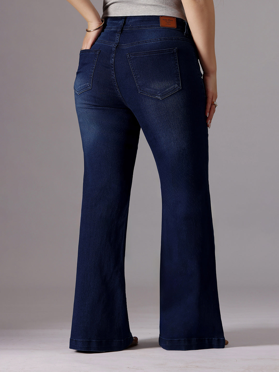 24/7 Comfort Navy-Blue High-Rise Clean-Look Regular-Length Stretchable Bootcut Denim Jeans