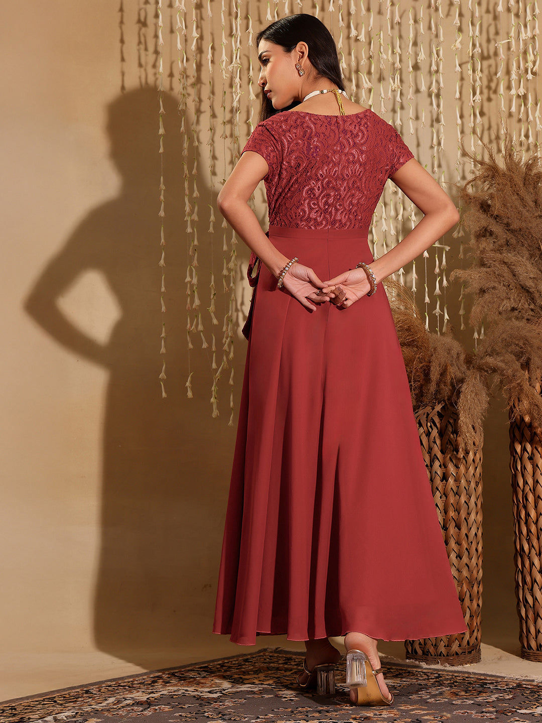 Women's Brick Red V-Neck Short Sleeve Self-Designed Lace Overlaid Georgette Maxi Dress