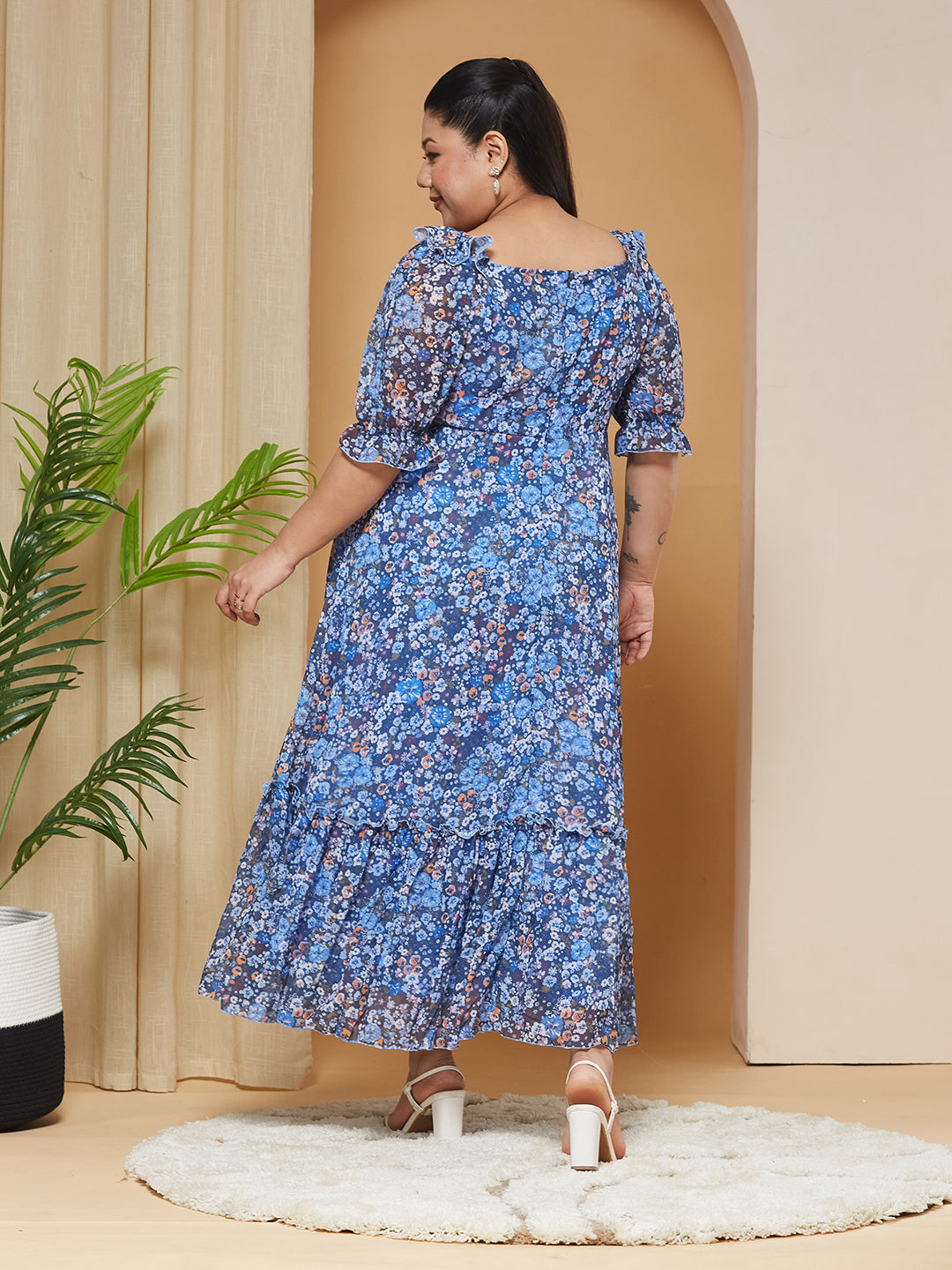Multicolored-Base-Navy Blue V-Neck Puff-Sleeves Floral Ruching Ankle-Length Dress for Women