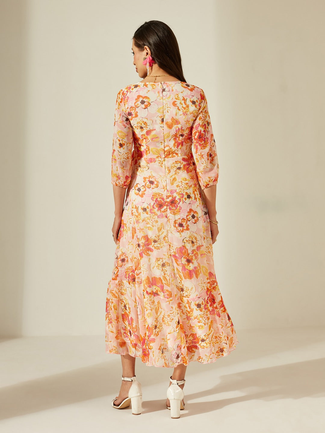 Pink & Orange V-Neck Bishop Floral Layered Chiffon Maxi Dress for Women