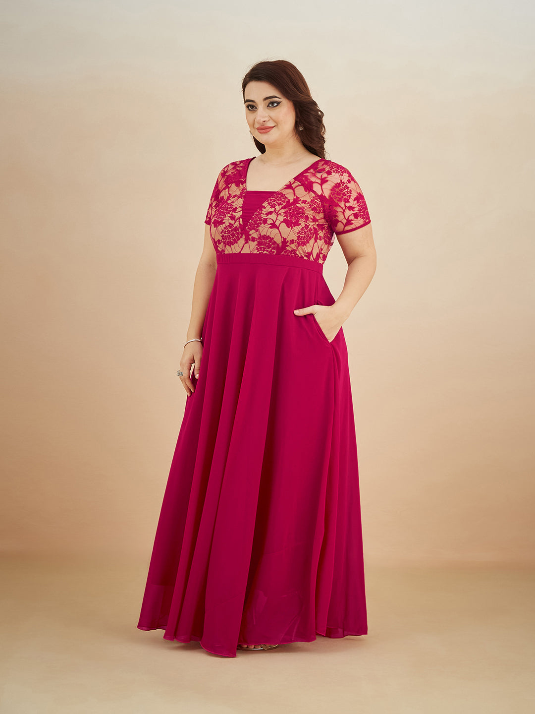 Dark Pink Square Neck Raglan Short Sleeve Self Design Lace Overlaid Georgette Maxi Dress for Women