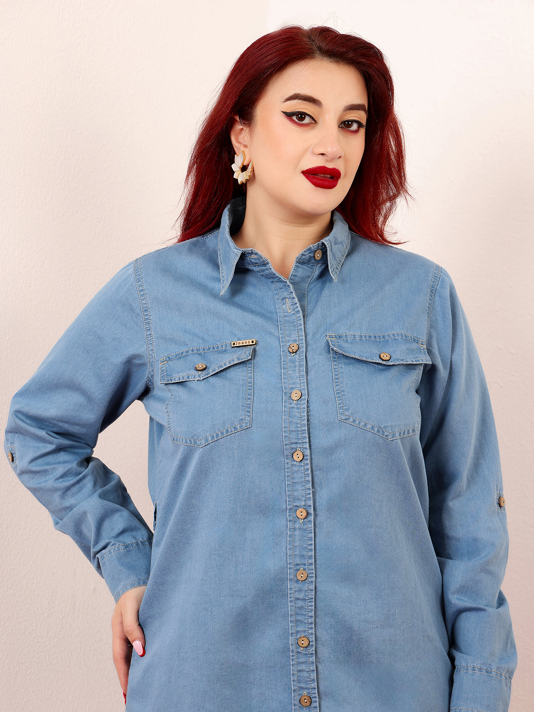 Women's Blue Polo Neck Rolled-Up Full-Sleeves Denim Solid Buttoned A-Line Mini Dress