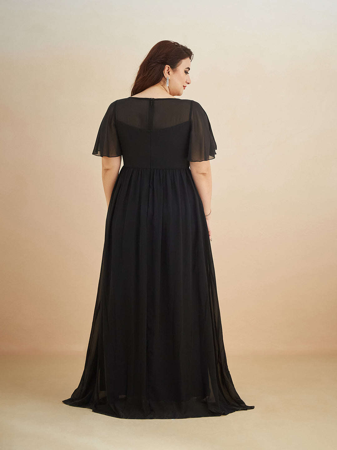 Black Embellished Gathered Maxi Dress for Women