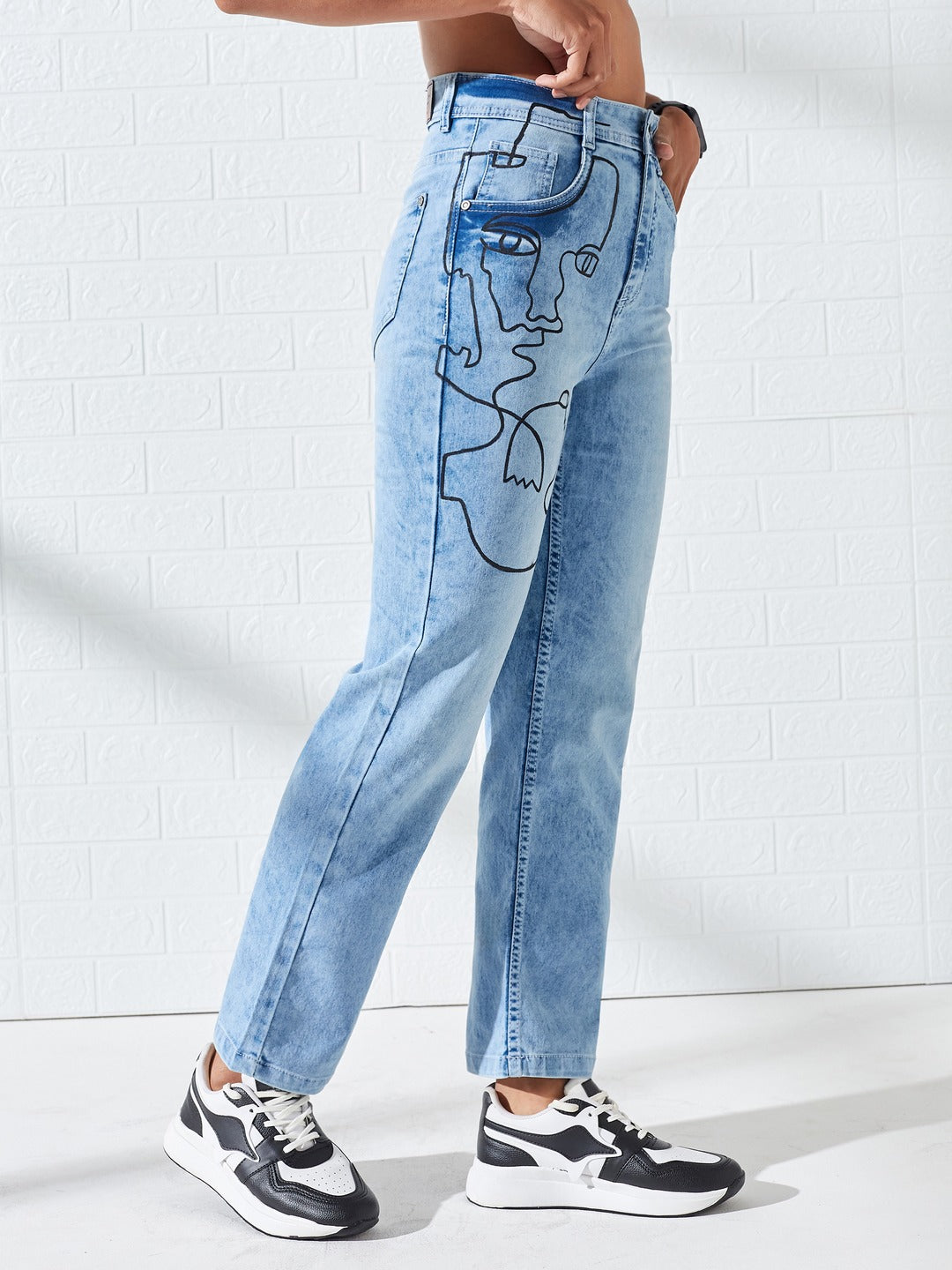 Hand-Painted Light Blue Mom Fit High-Rise Heavy Wash Stretchable Denim Jeans For Women