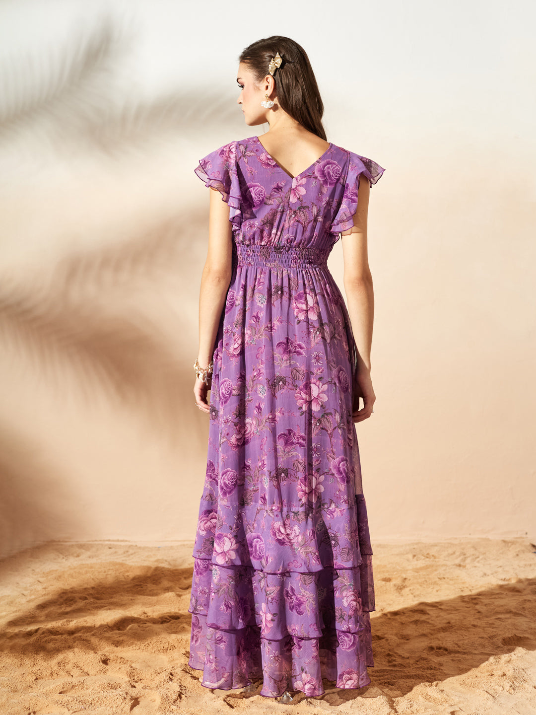 Lavender Tapered Square Neck Layered Ruffle Floral Ruffled Maxi Chiffon Dress for Women — Miss Chase