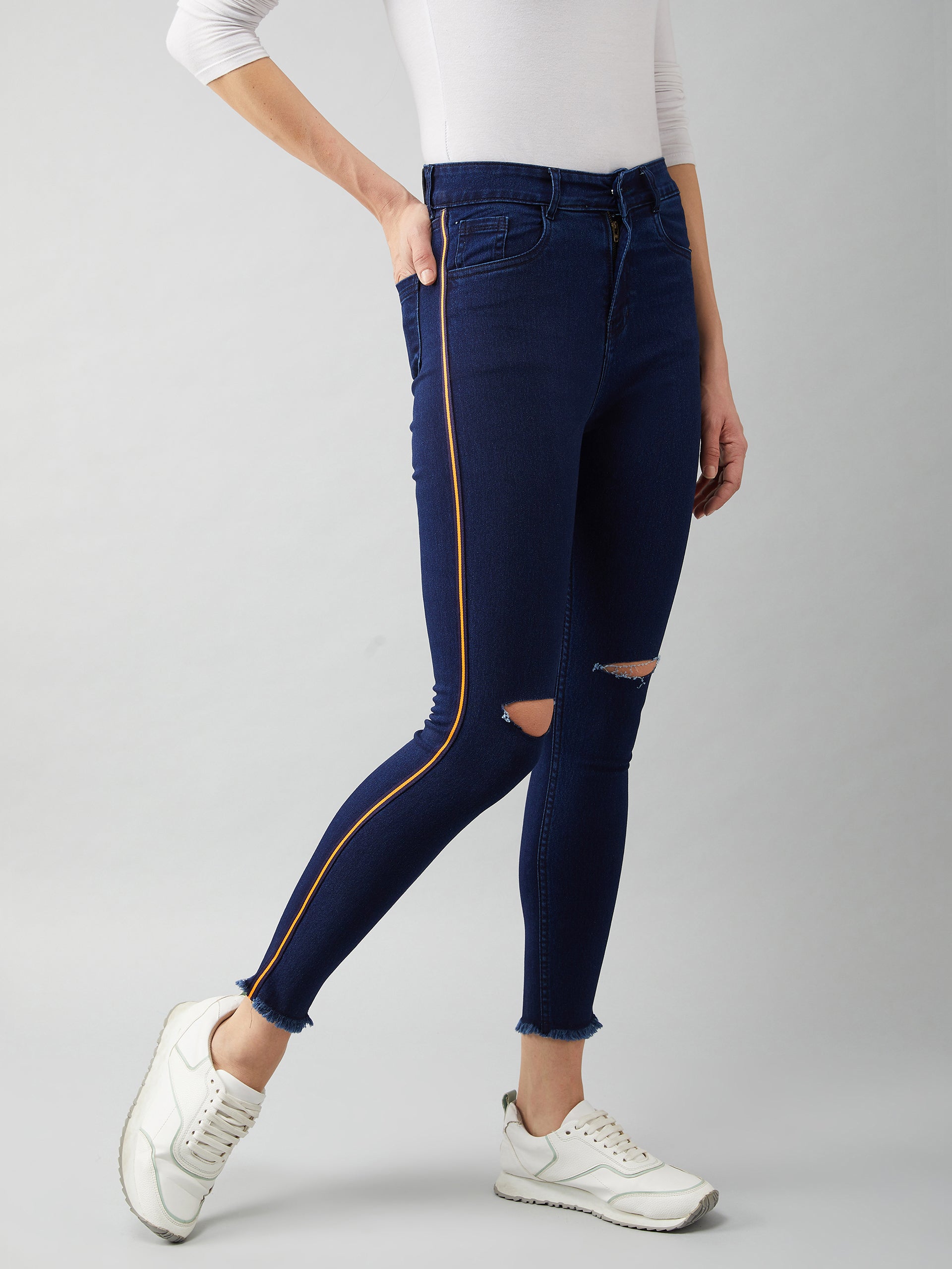 Women's Navy Blue Skinny Fit High Rise Cropped Denim Stretchable Jeans