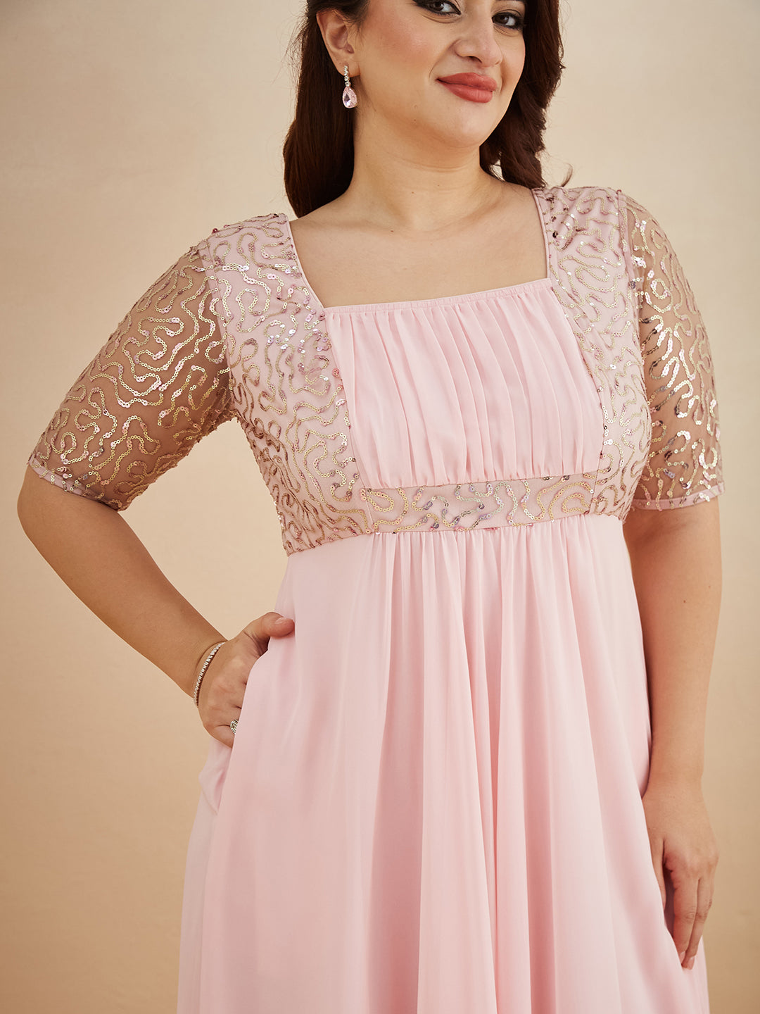 Dusty Pink Square Neck Half Sleeve Solid Embellished Maxi Dress for Women — Miss Chase A+