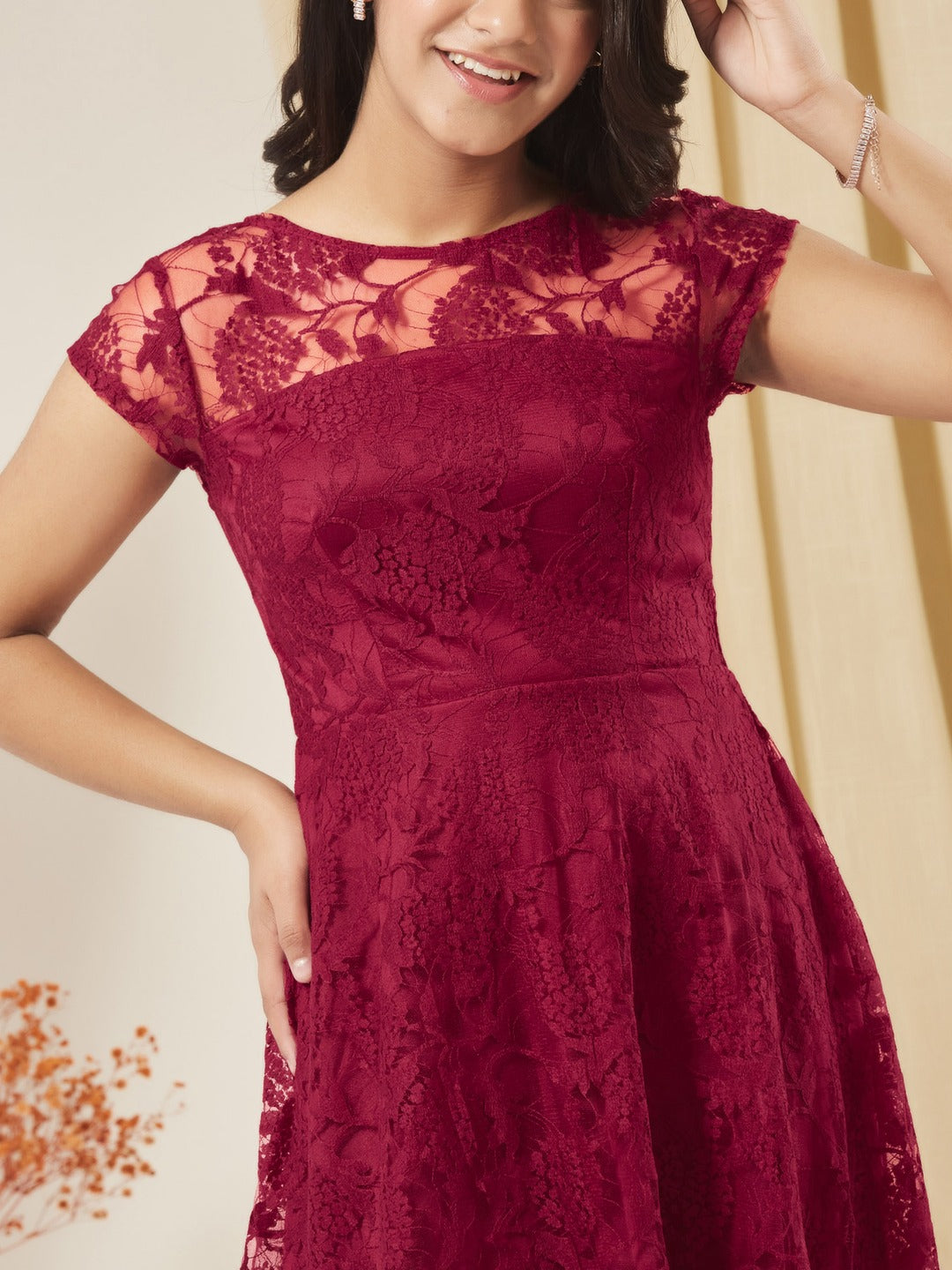 Dark Pink Round Neck Cap Sleeves Low Back Lace Skater Dress for Girls/Teenagers