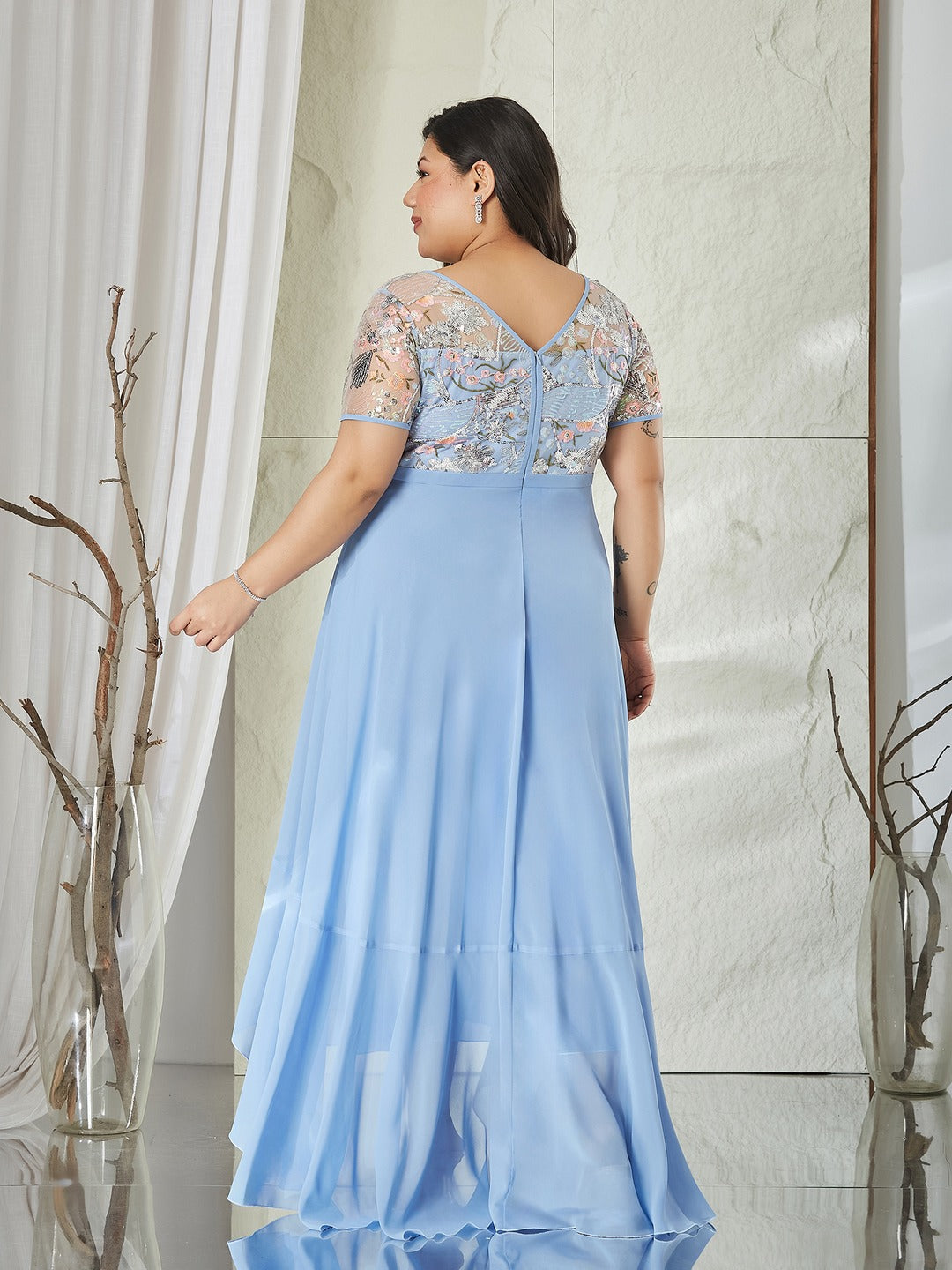 Sky Blue Round Neck Short Sleeve Floral Layered Georgette Midi Dress for Women
