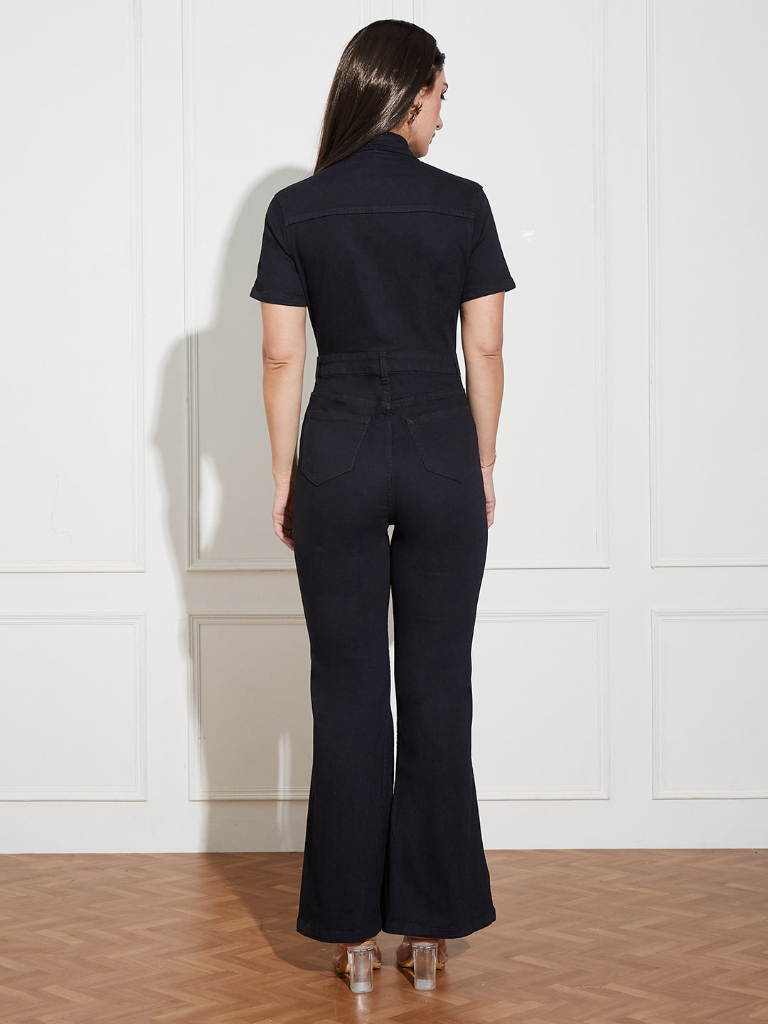 Women's Black Flared High Rise Regular Stretchable Denim Jumpsuit