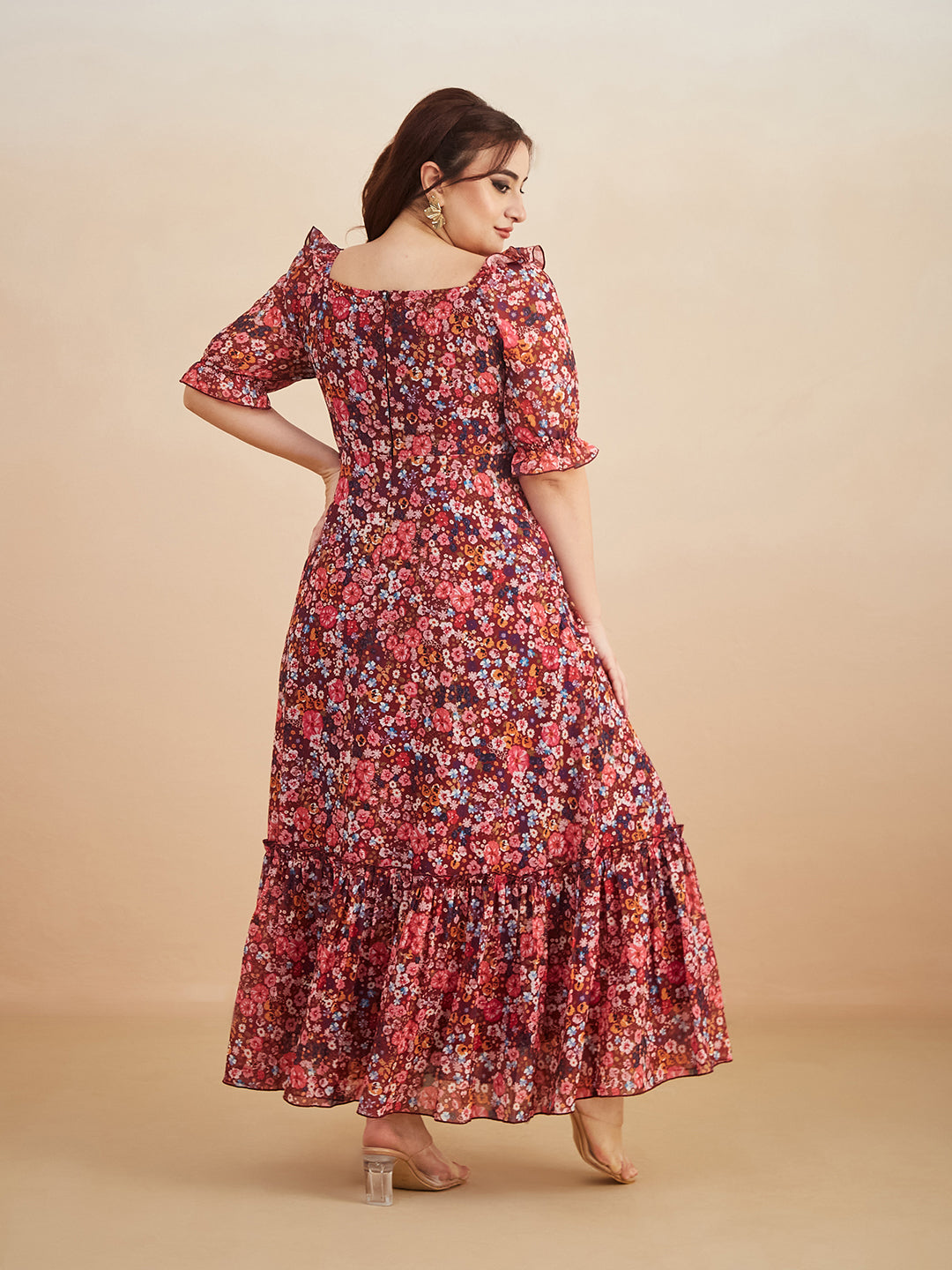Multicolored-Base-Wine V-Neck Puff Sleeve Floral Ruching Ankle-Length Dress for Women
