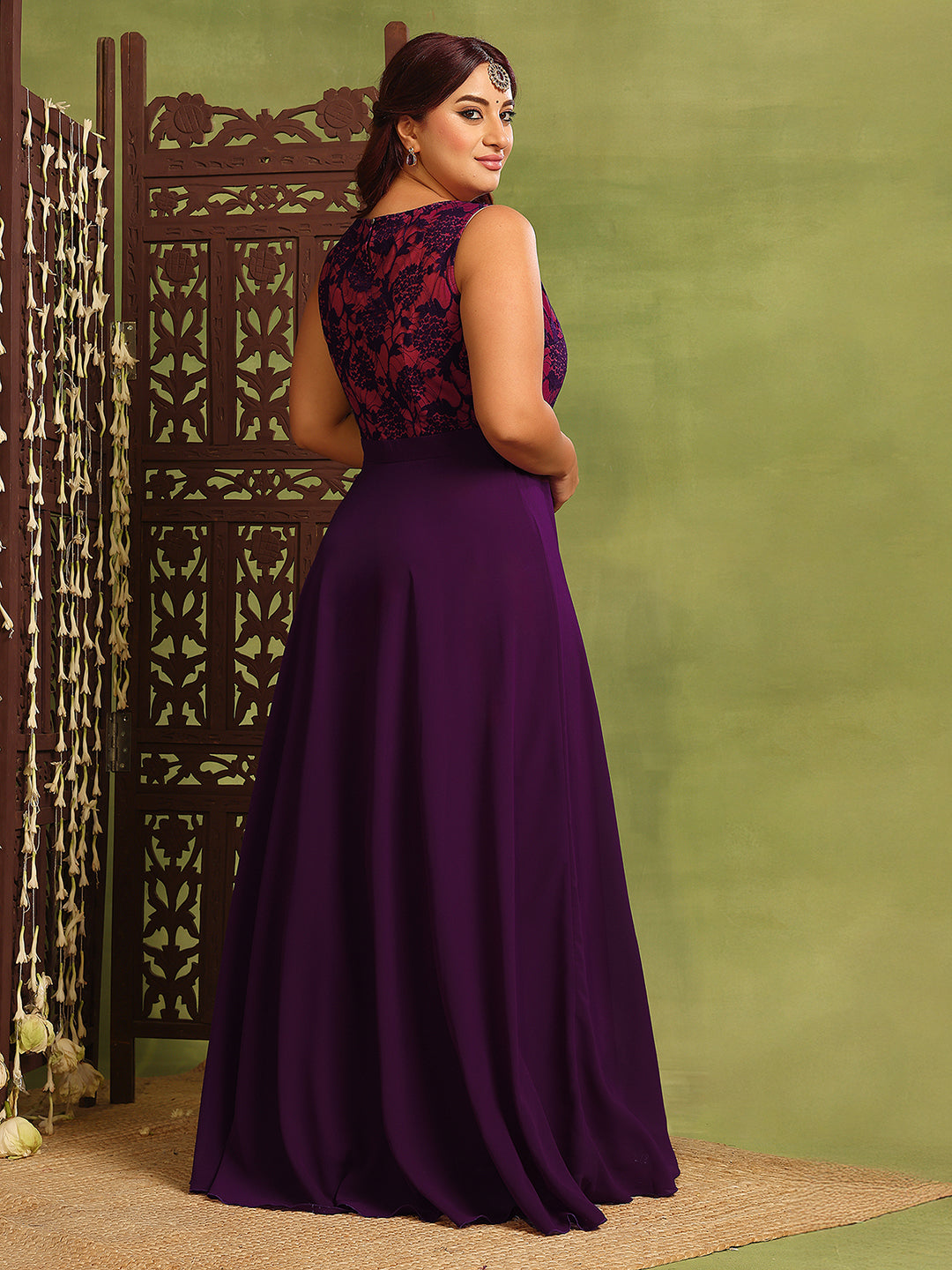 Women's Dark Purple Sleeveless Georgette & Lace Floral Fit & Flare Maxi Dress