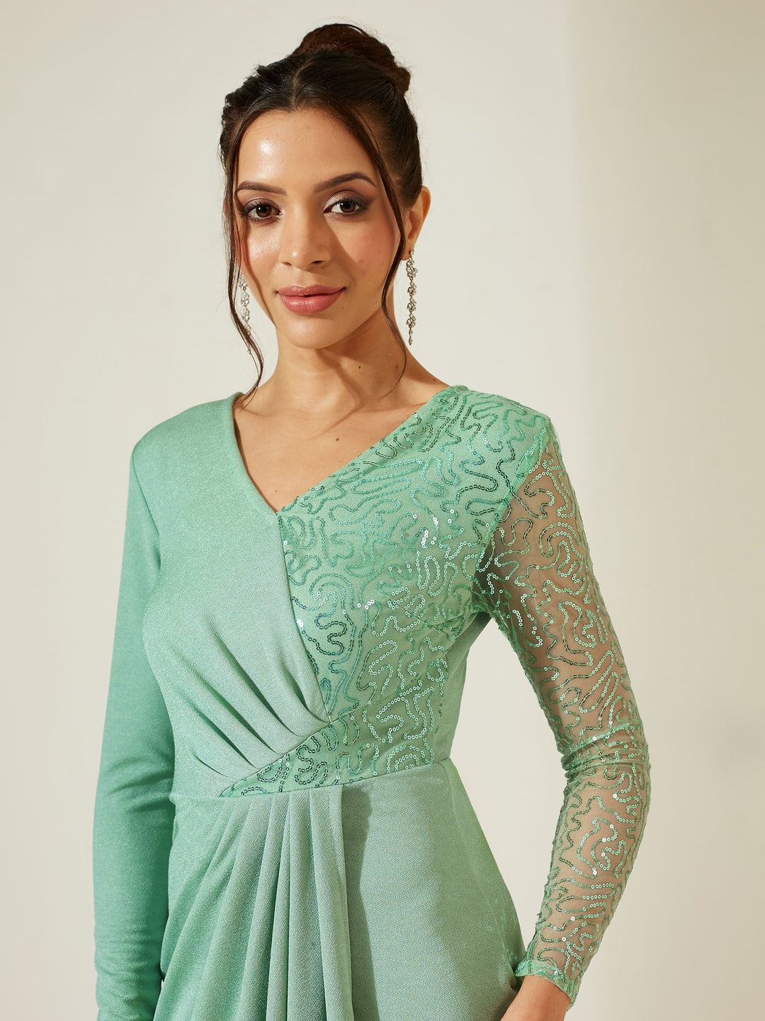 Mint Embellished V-Neck Full Sleeve Polyester Pleated Slim Fit Longline Dress for Women