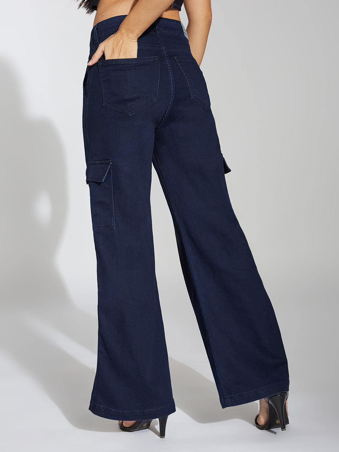 Women's Navy Blue Wide-Leg High-Rise Clean-Look Stretchable Denim Cargo Jeans