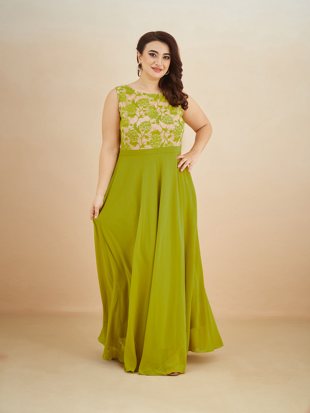 Lemon Green Round Neck Sleeveless Georgette Floral Lace Fit & Flare Maxi Dress for Women — Miss Chase A+