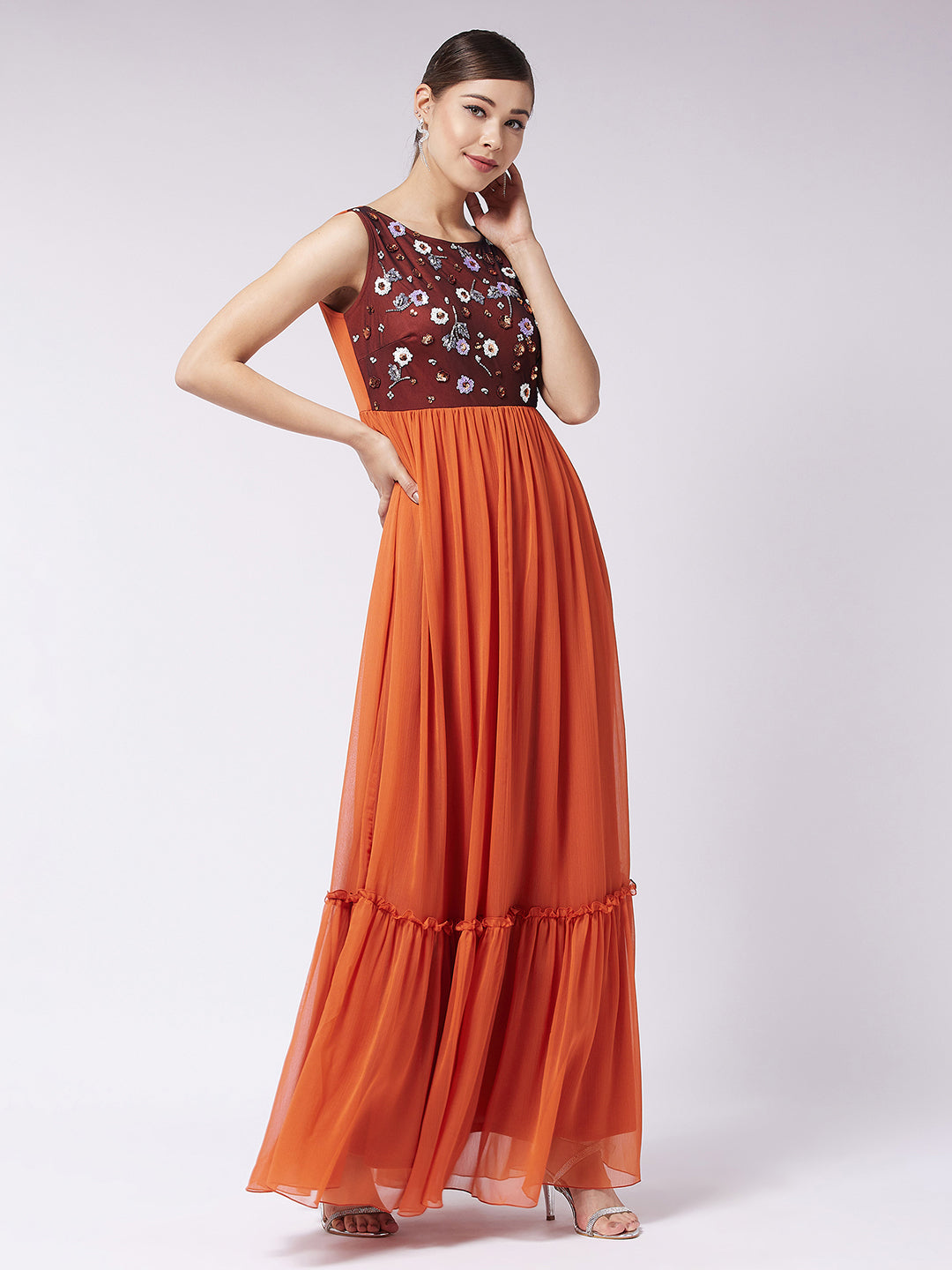 Women's Rust Round Neck Sleeveless Solid Embroidered Maxi Dress