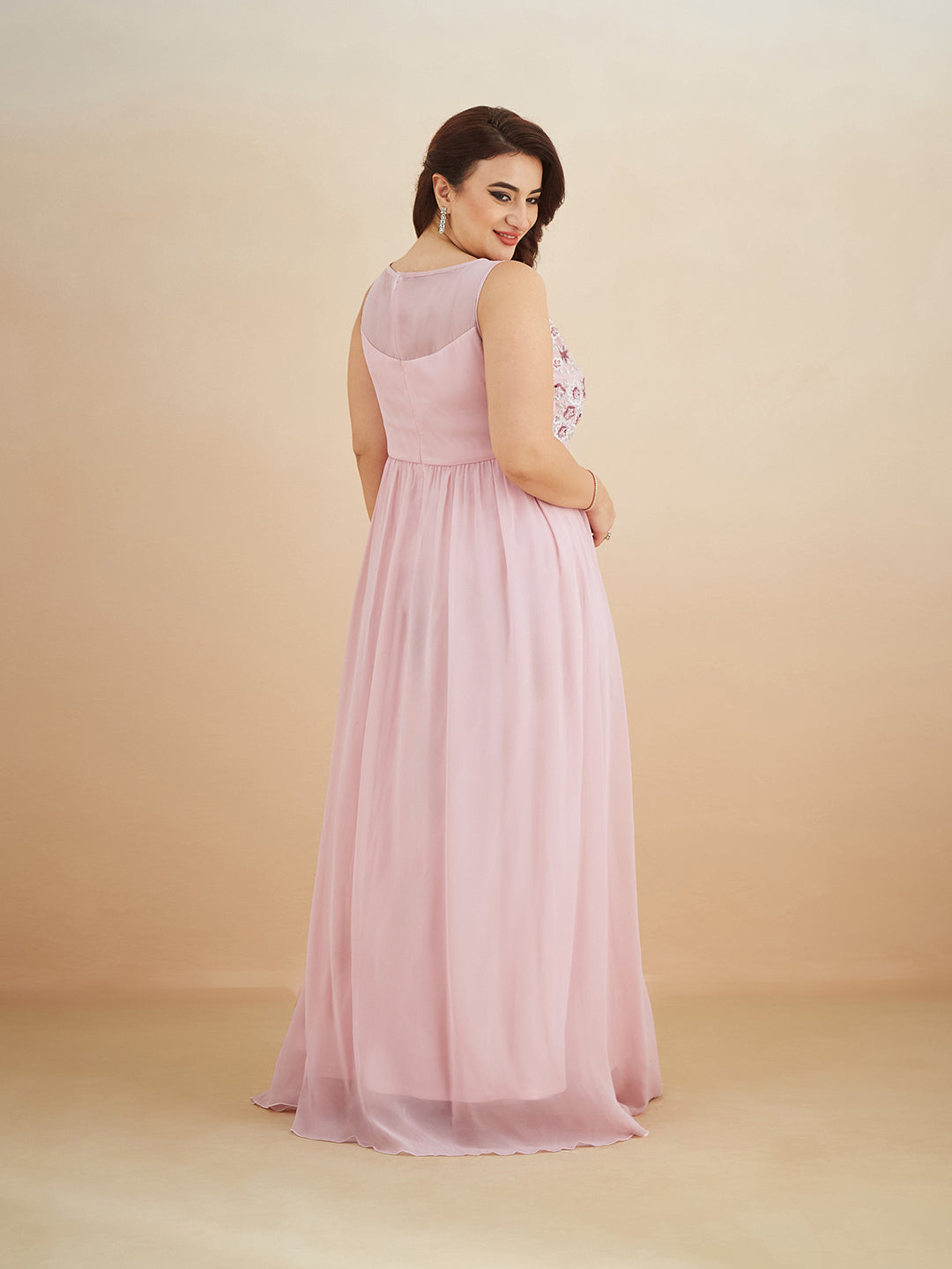 Dusty Pink Boat Neck Sleeveless Embellished Gathered Regular Dress for Women