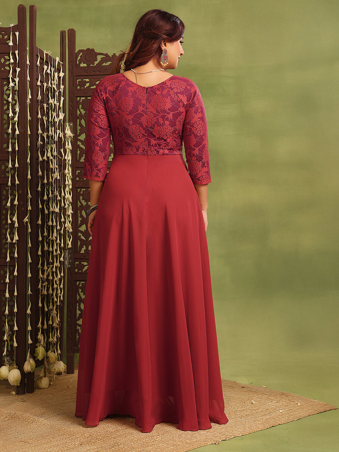 Women's Brick Red Sweetheart-Neck Three-Quarters Sleeve Self-Design Fit & Flare Maxi Dress