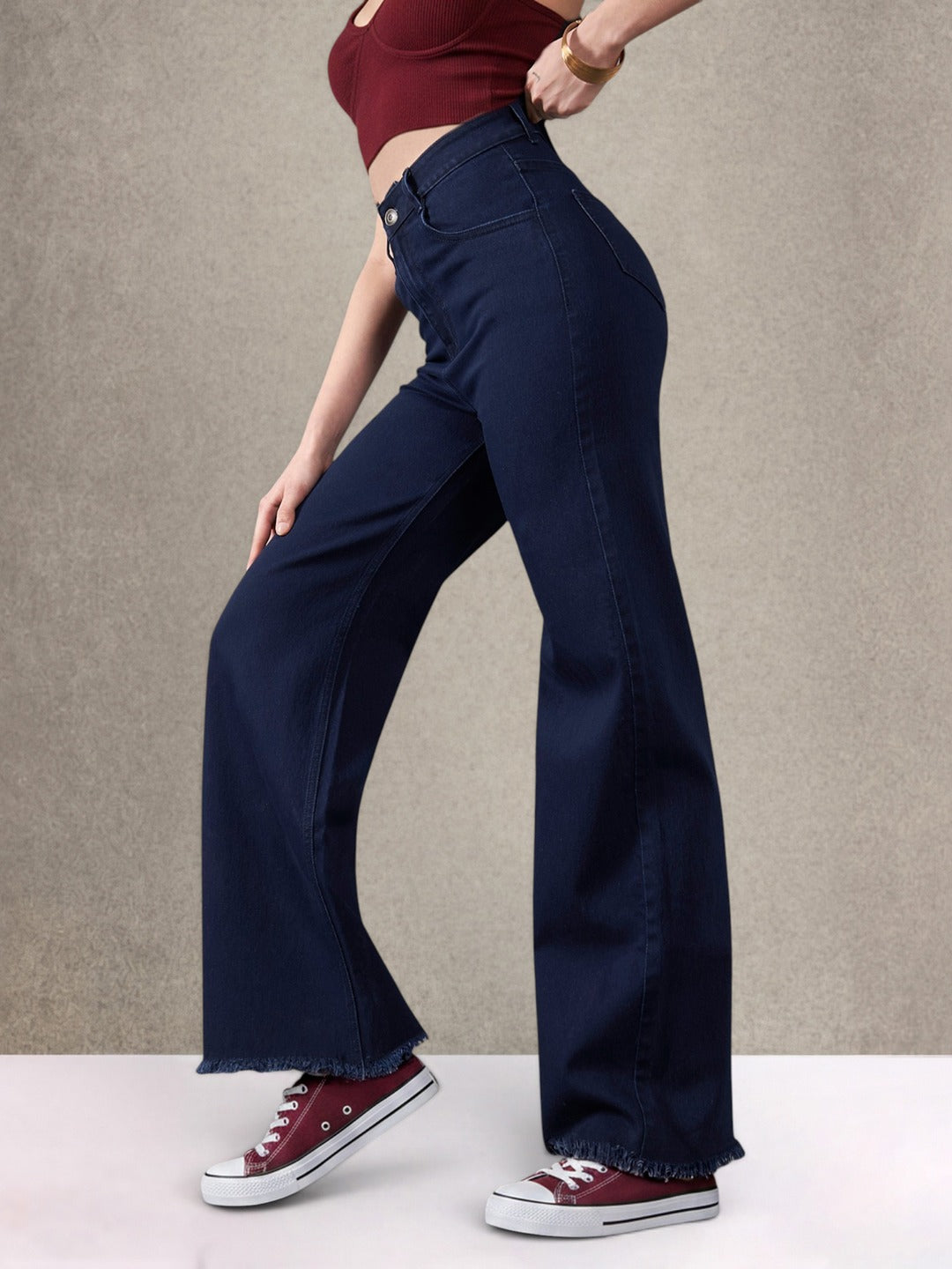 Navy Blue Wide-Leg High-Rise Stretchable Denim Jeans for Women