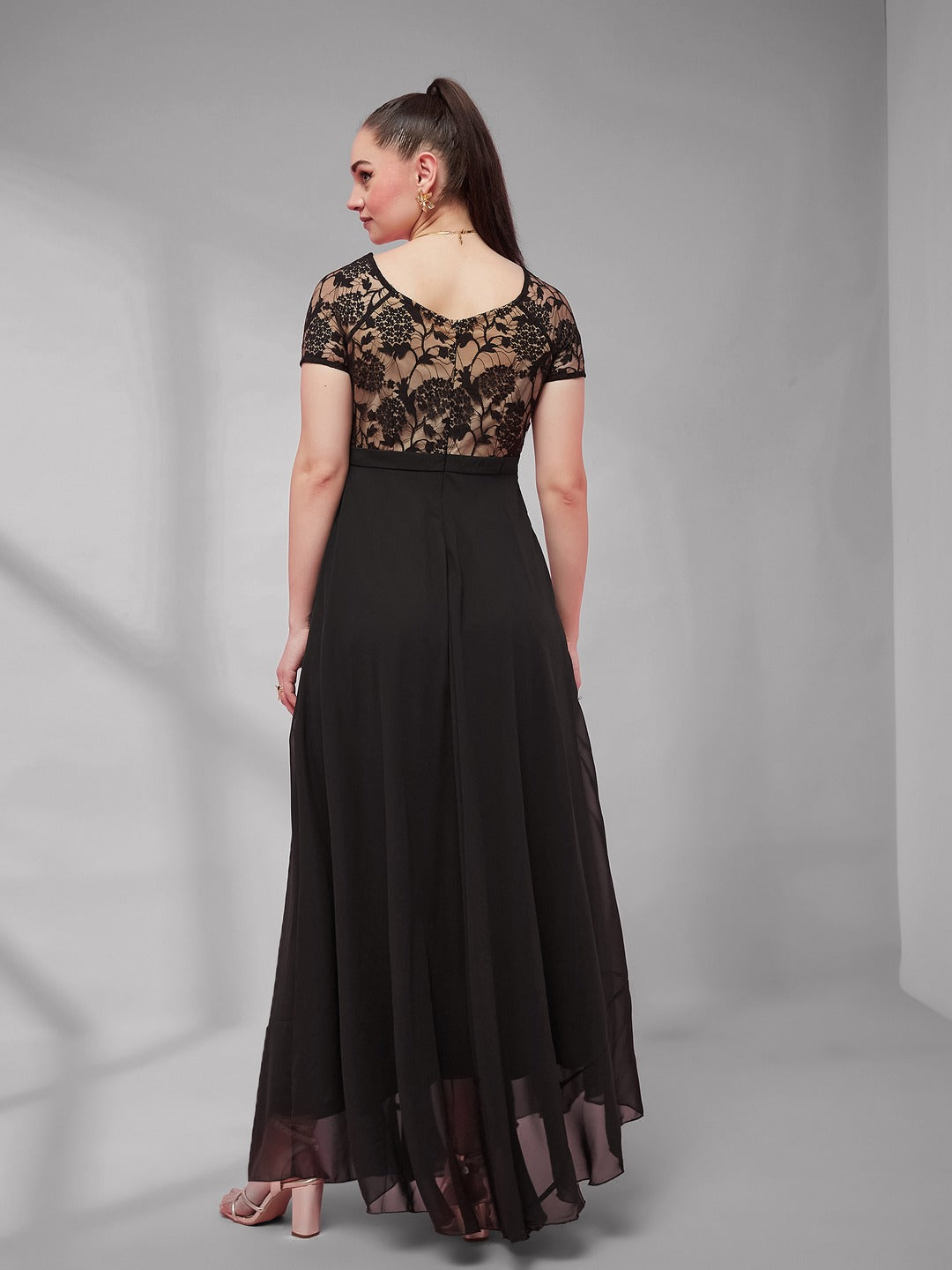 Black Square Neck Raglan Short Sleeve Self Design Lace Overlaid Georgette Maxi Dress for Women