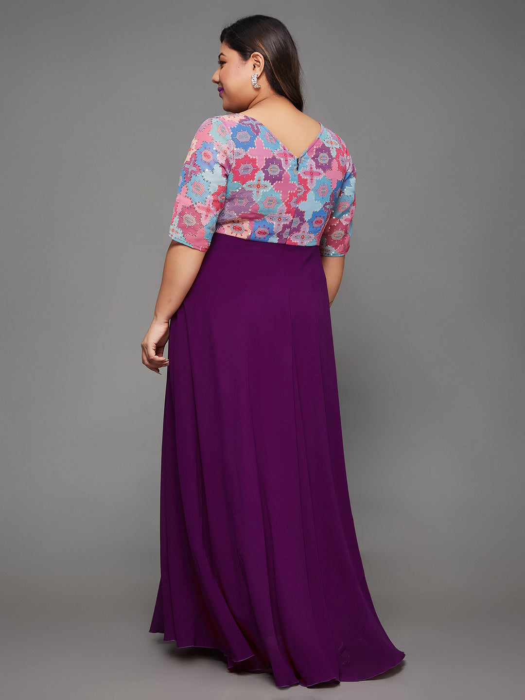 Women's Multicolored-Base-Dark Purple Boat Neck Half Sleeve Geometric Fit & Flare Georgette Maxi Dress