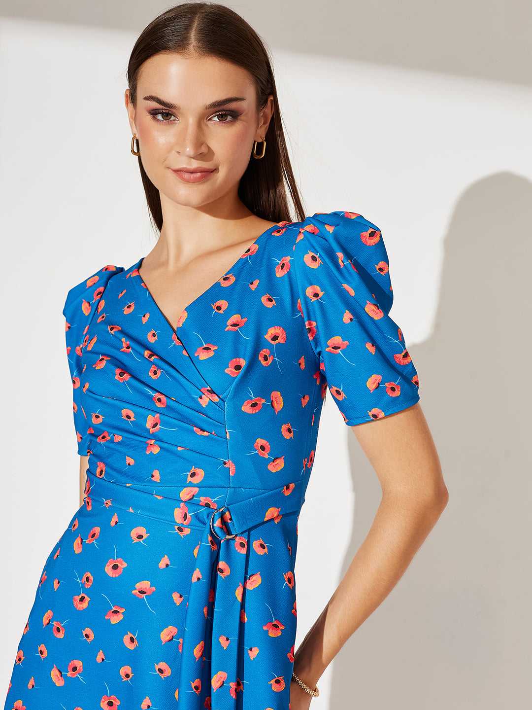 Blue V-Neck Pleated Puff Sleeve Floral Patterned Wrap Midi Polyester Dress for Women