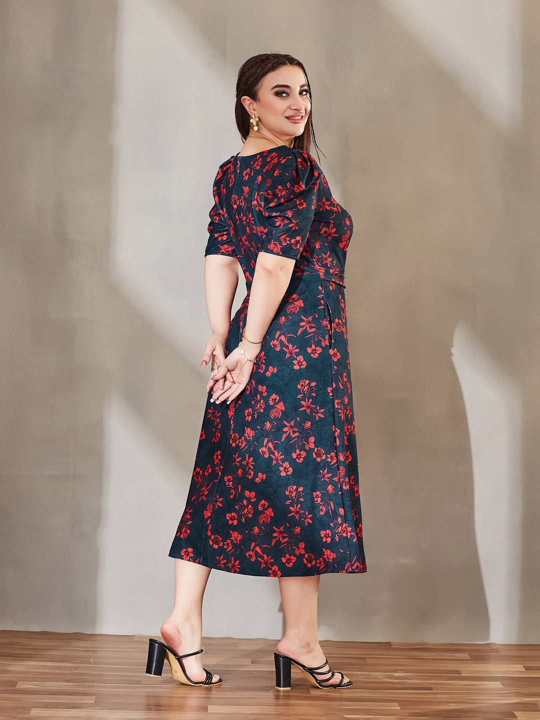 Teal V-neck Puff Sleeve Floral Wrap Midi Dress for Women