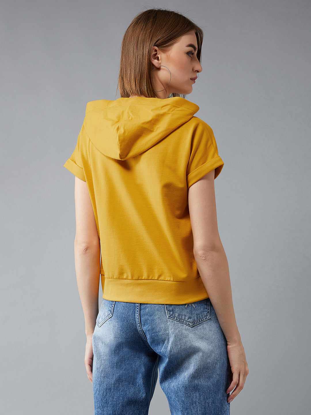 Women's Mustard Yellow Hooded Cap Sleeves Solid Boxy Regular Length Twill tape Detailing Sweatshirt