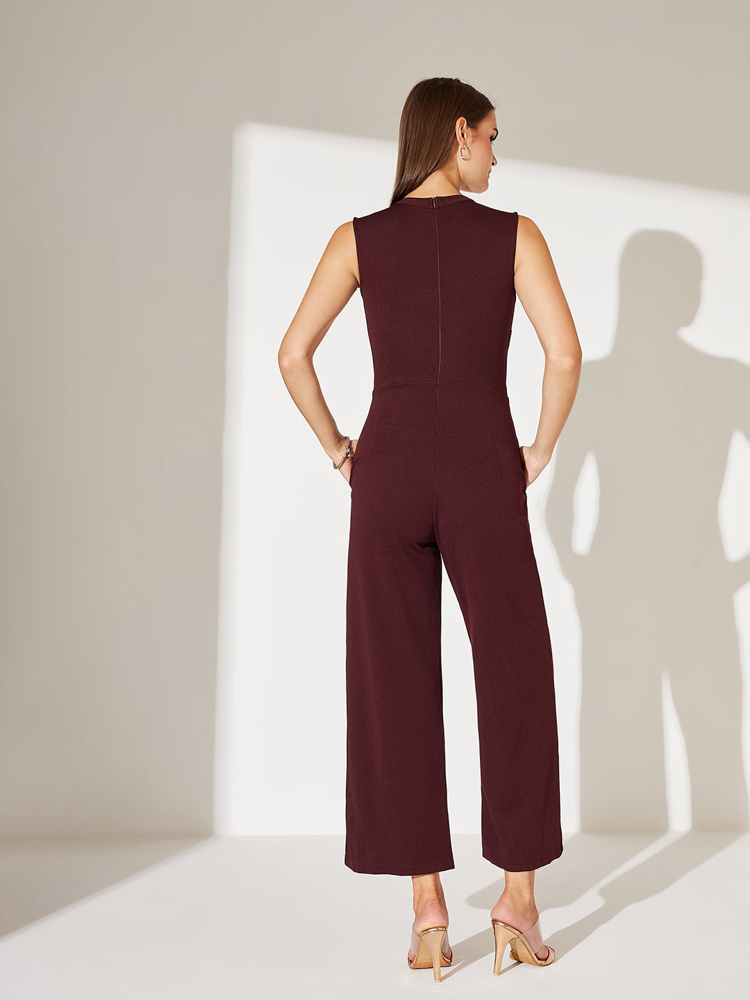 Women's Wine Collared Sleeveless Solid Asymmetric Neck Cut-Out  Jumpsuit