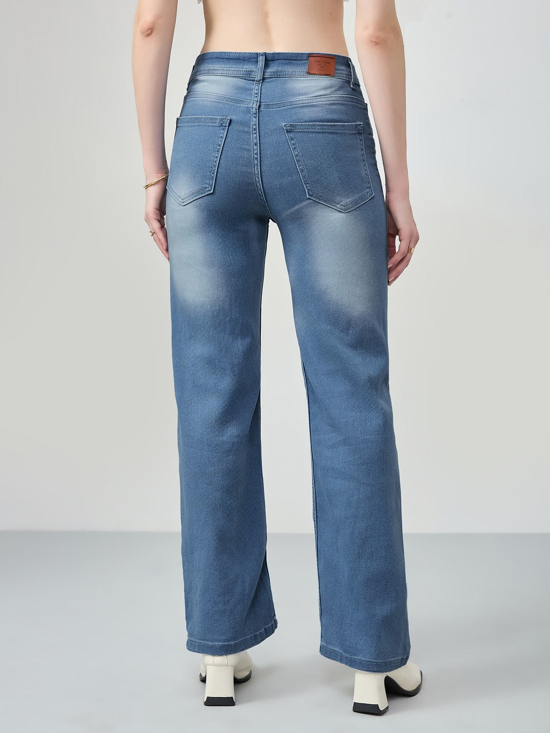 Light Blue Wide-Leg Mid Rise Blast Effect Light Weight Denim Jeans for Women