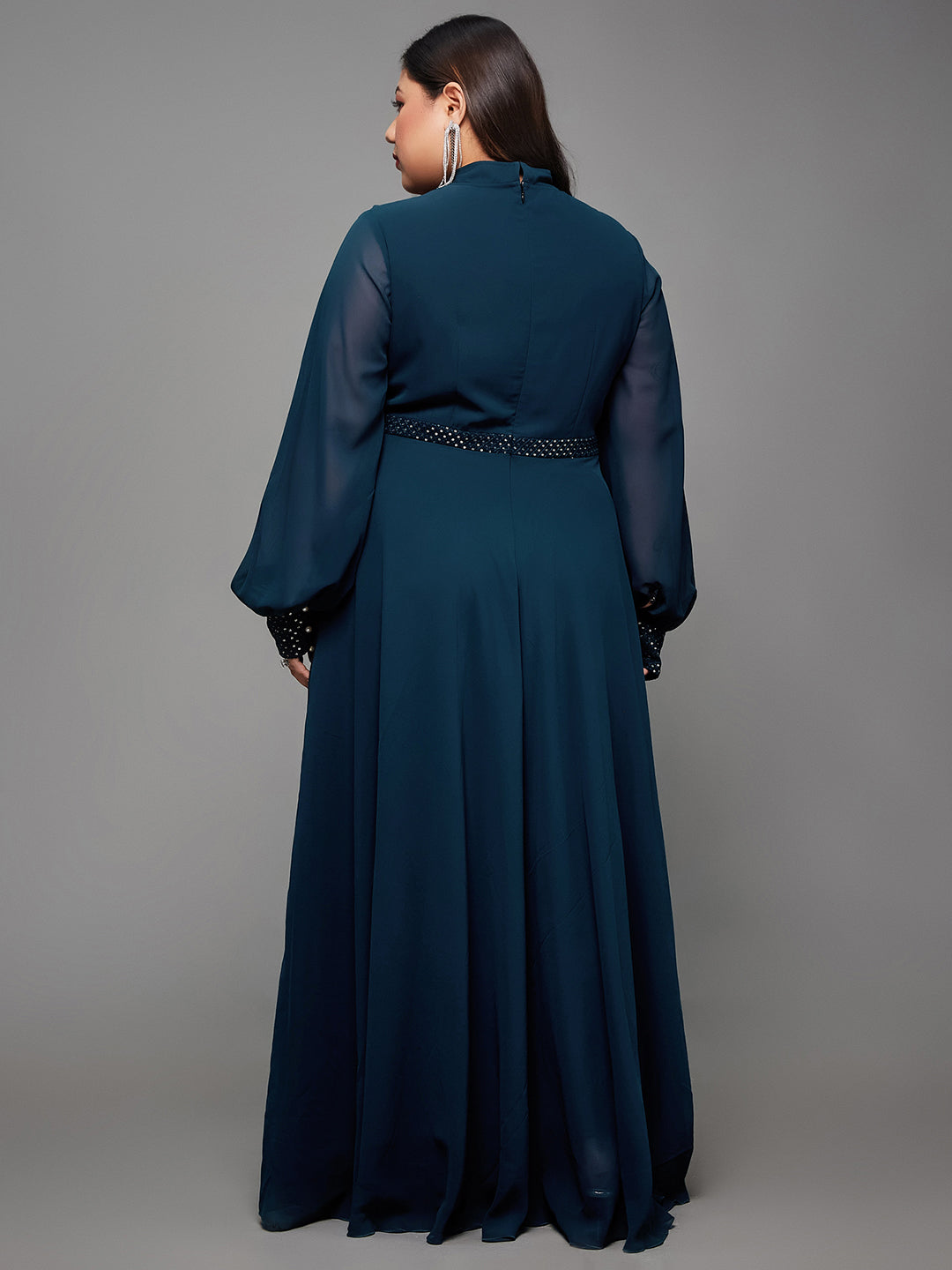 Teal Mandarin-Collar Bishop Sleeve Embellished Panelled Georgette Maxi Dress for Women