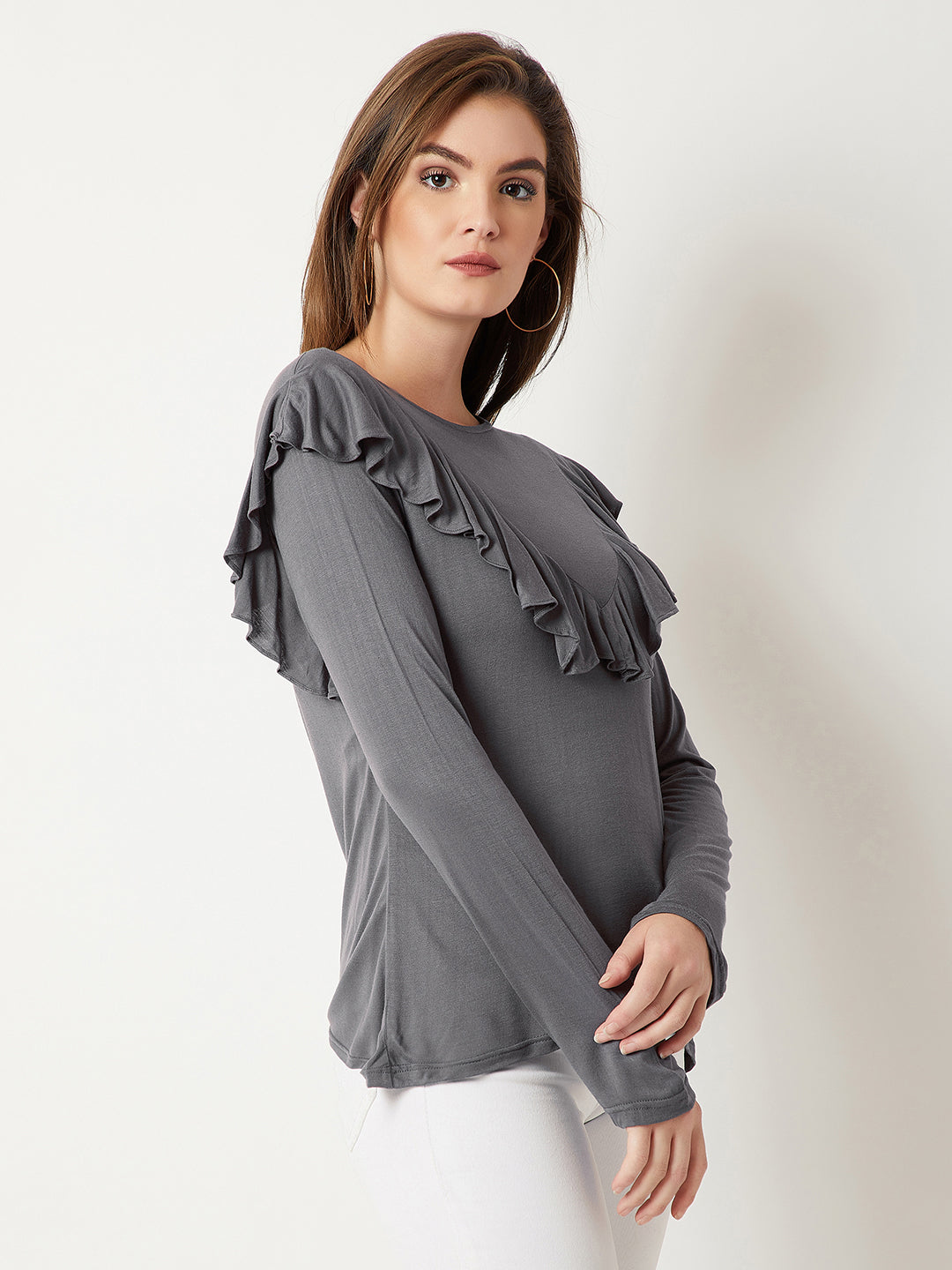 Women's Grey Round Neck Full Sleeves Solid Ruffled Top