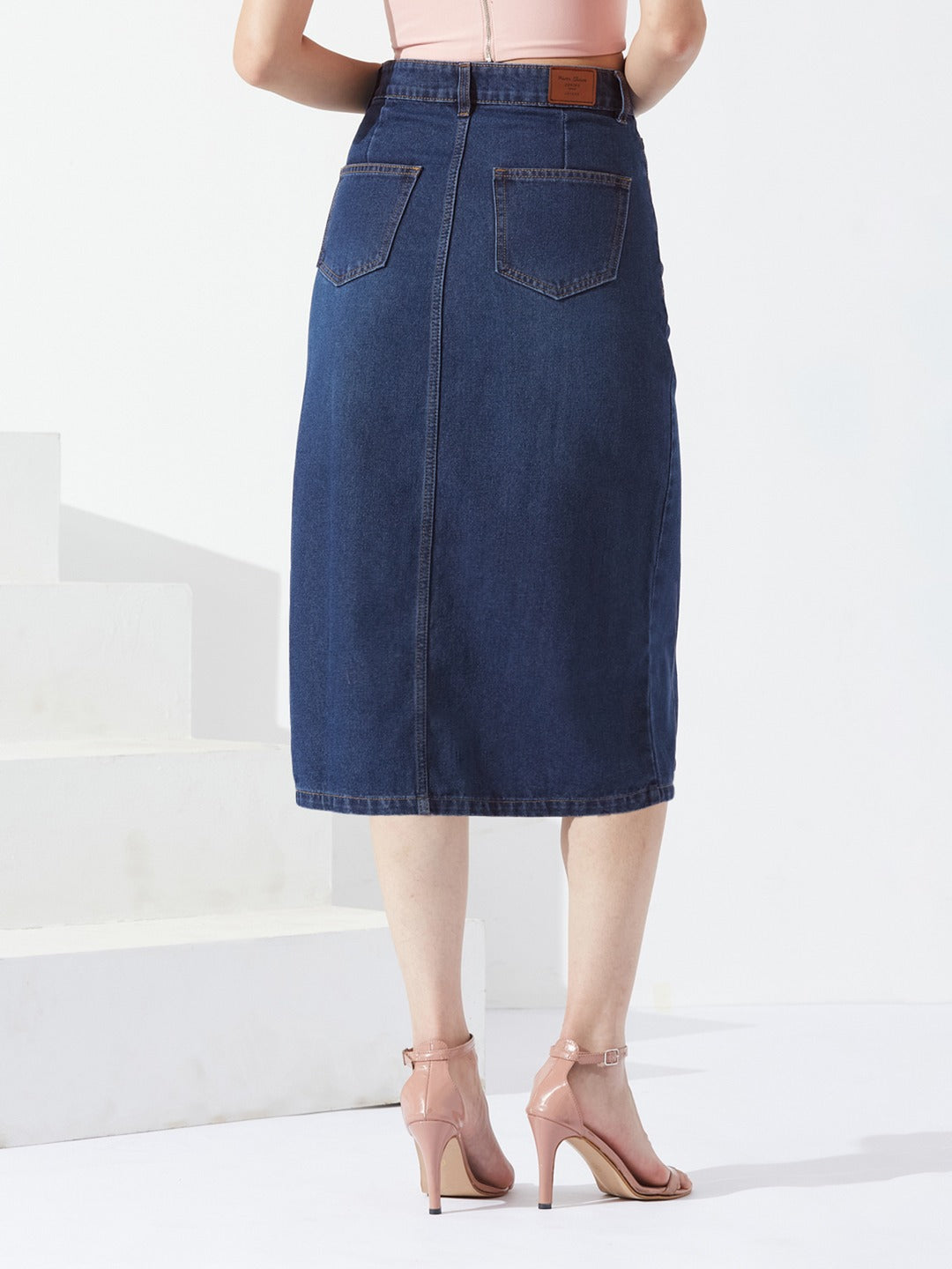 Dark Blue A-Line High-Rise Non-stretchable Denim Midi Skirt for Women