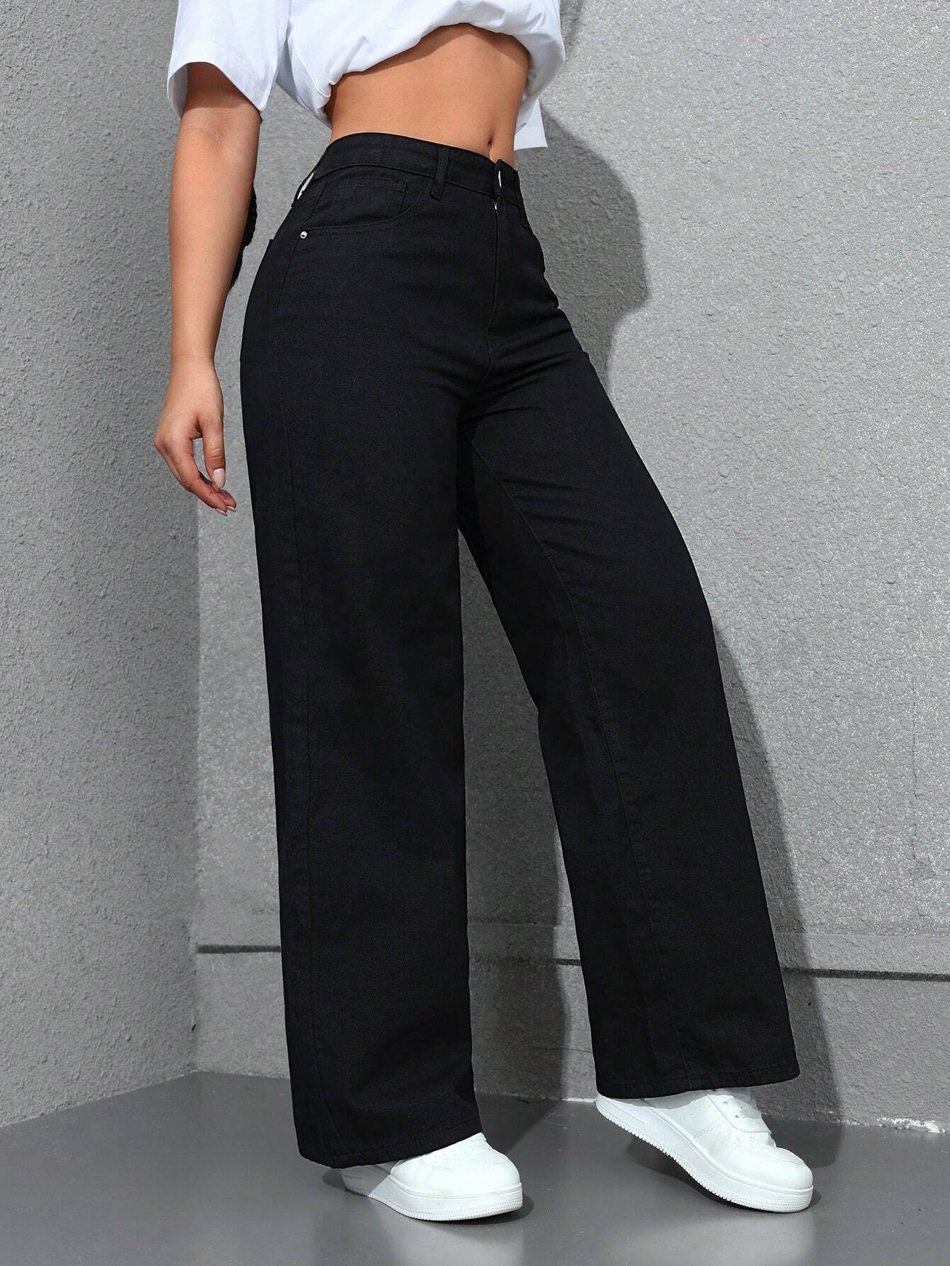 Women's Black Wide-Leg High-Rise Clean-Look Regular-Length Stretchable Denim Jeans