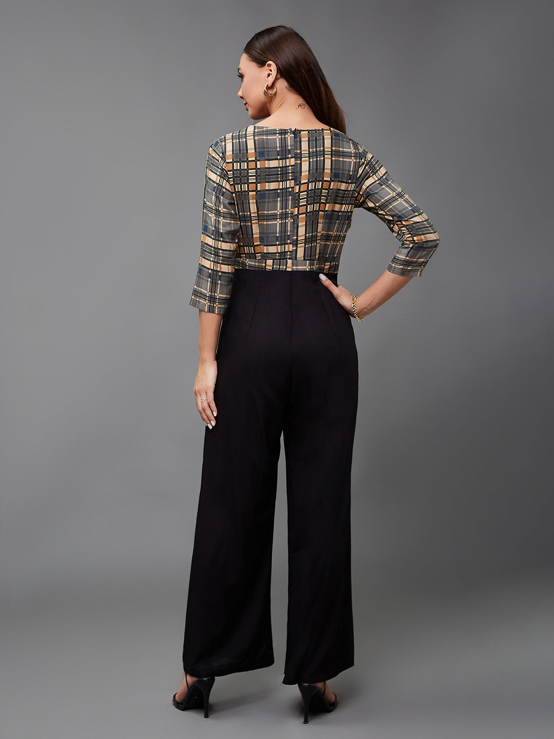 Women's Multicolored-Base-Black V-Neck 3/4 Sleeve Checkered Wrap Regular-Length Viscose Rayon Jumpsuit