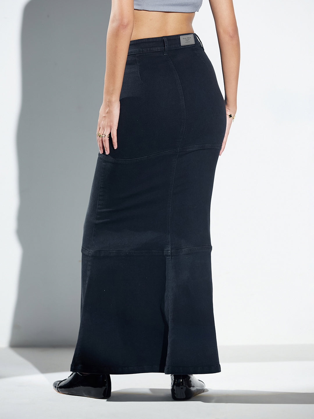 Black Mermaid High-Rise Maxi Stretchable Denim Skirt for Women