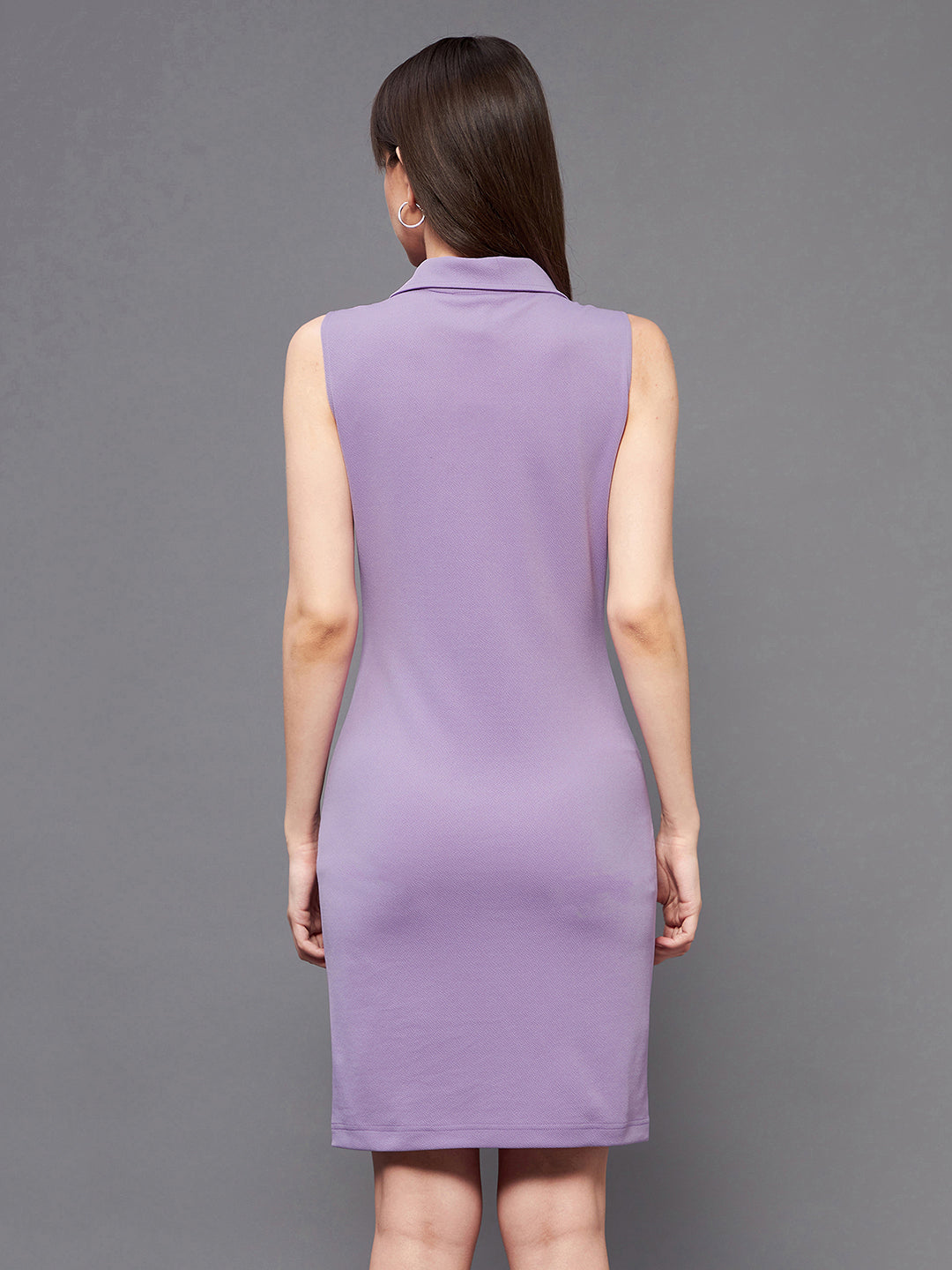 Crease Ease Women's Light Lavender Collared Sleeveless Polyester Solid Bodycon Knee-Long Dress