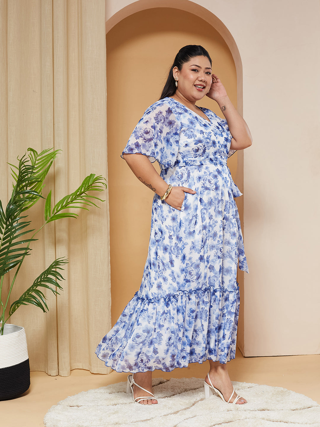 Multicolored Floral Wrap Chiffon Maxi Dress with White Base & Flutter-Sleeves for Women